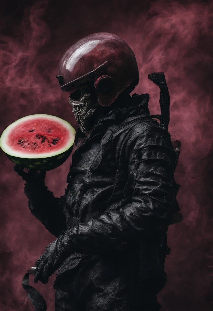 Slice of watermelon, watermelon, potrait of natural highest quality, 5 year old holding broken teddy bear, ripped space costume, astrounout helmet, smoke around, interstellat, realistic, hyper realism, ultra detailed,