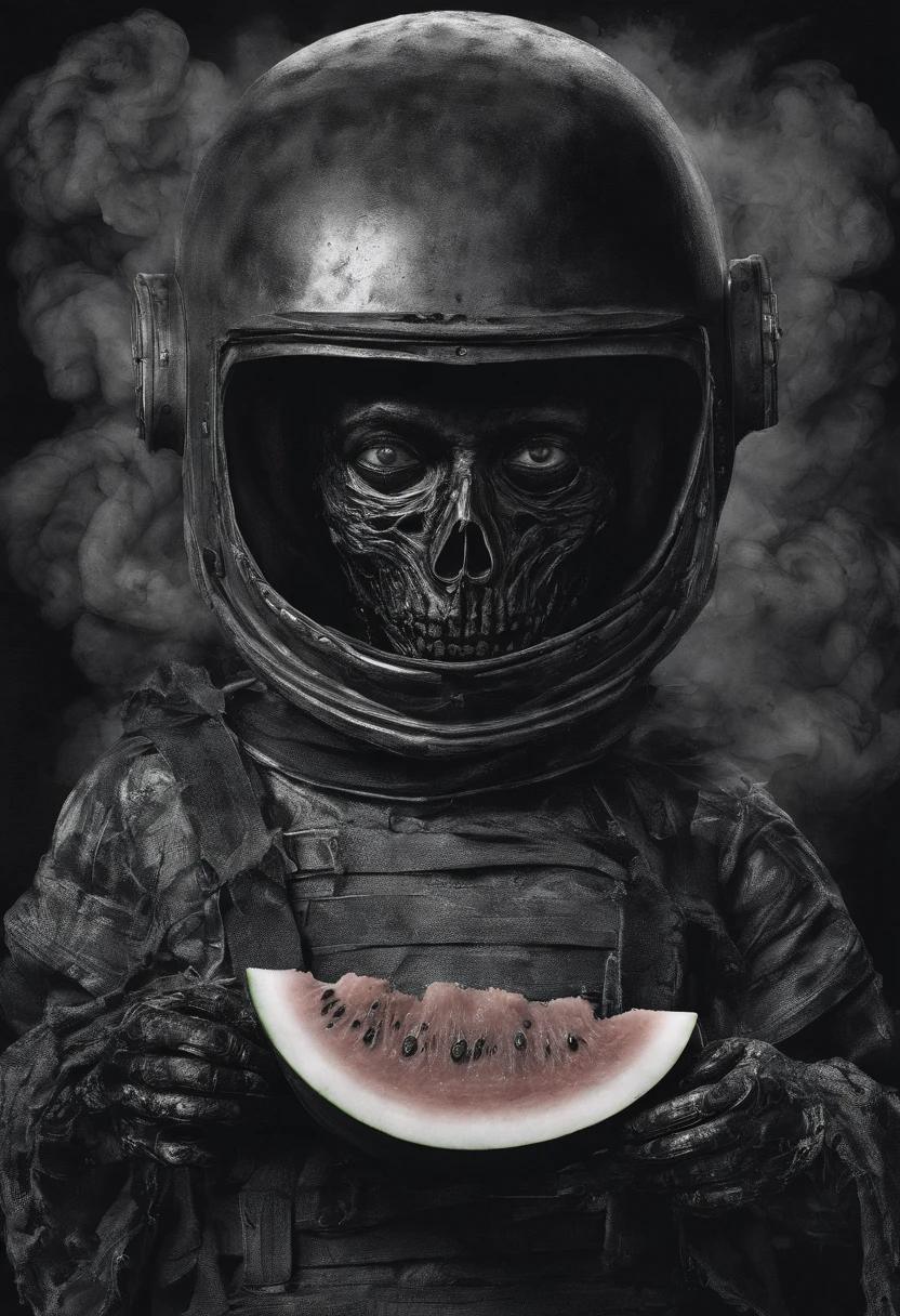 Slice of watermelon, watermelon, potrait of natural highest quality, 5 year old holding broken teddy bear, ripped space costume, astrounout helmet, smoke around, interstellat, realistic, hyper realism, ultra detailed,