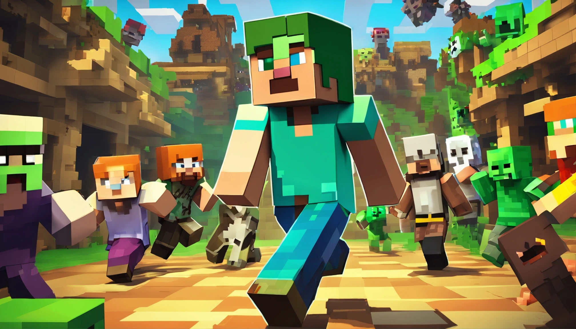 make me a Minecraft female character with a panicked face with white skin running from a lot of zombies, the zombie has green skin with a scary face and is chasing the woman in the background of the village at night