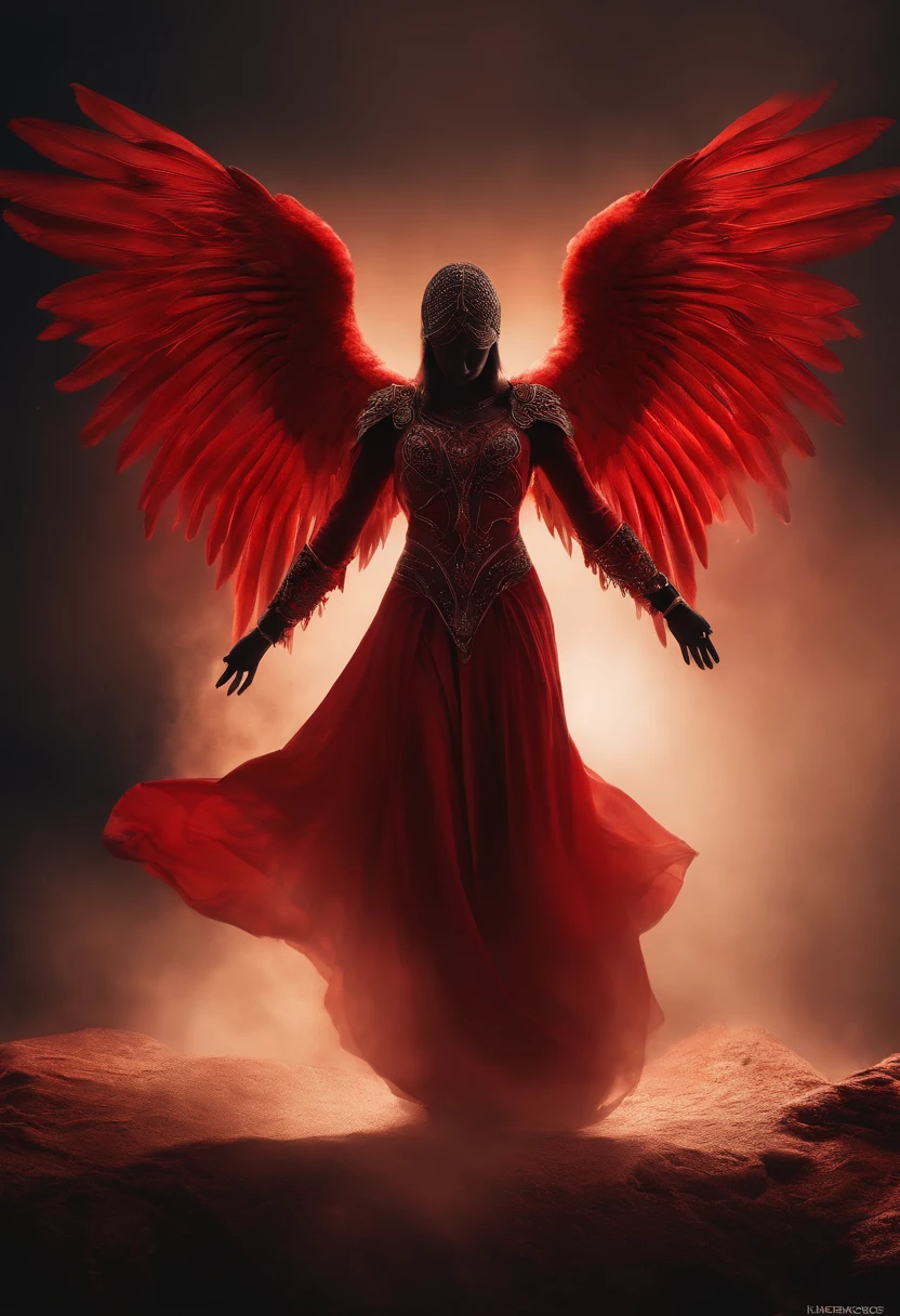 Red Fallen Angel, olhos escuros e sem vida, Biomechanicals, estranho, assustador, Pesadelo, cores muito escuras, light particles, com luz escuras, Mshiff, Arte do papel de parede, Papel de parede UHD