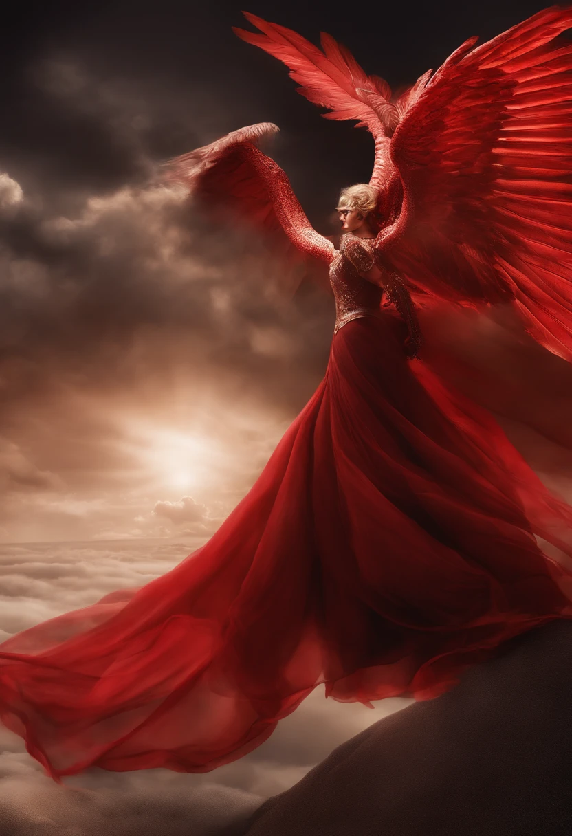 Red Fallen Angel, olhos escuros e sem vida, Biomechanicals, estranho, assustador, Pesadelo, cores muito escuras, light particles, com luz escuras, Mshiff, Arte do papel de parede, Papel de parede UHD