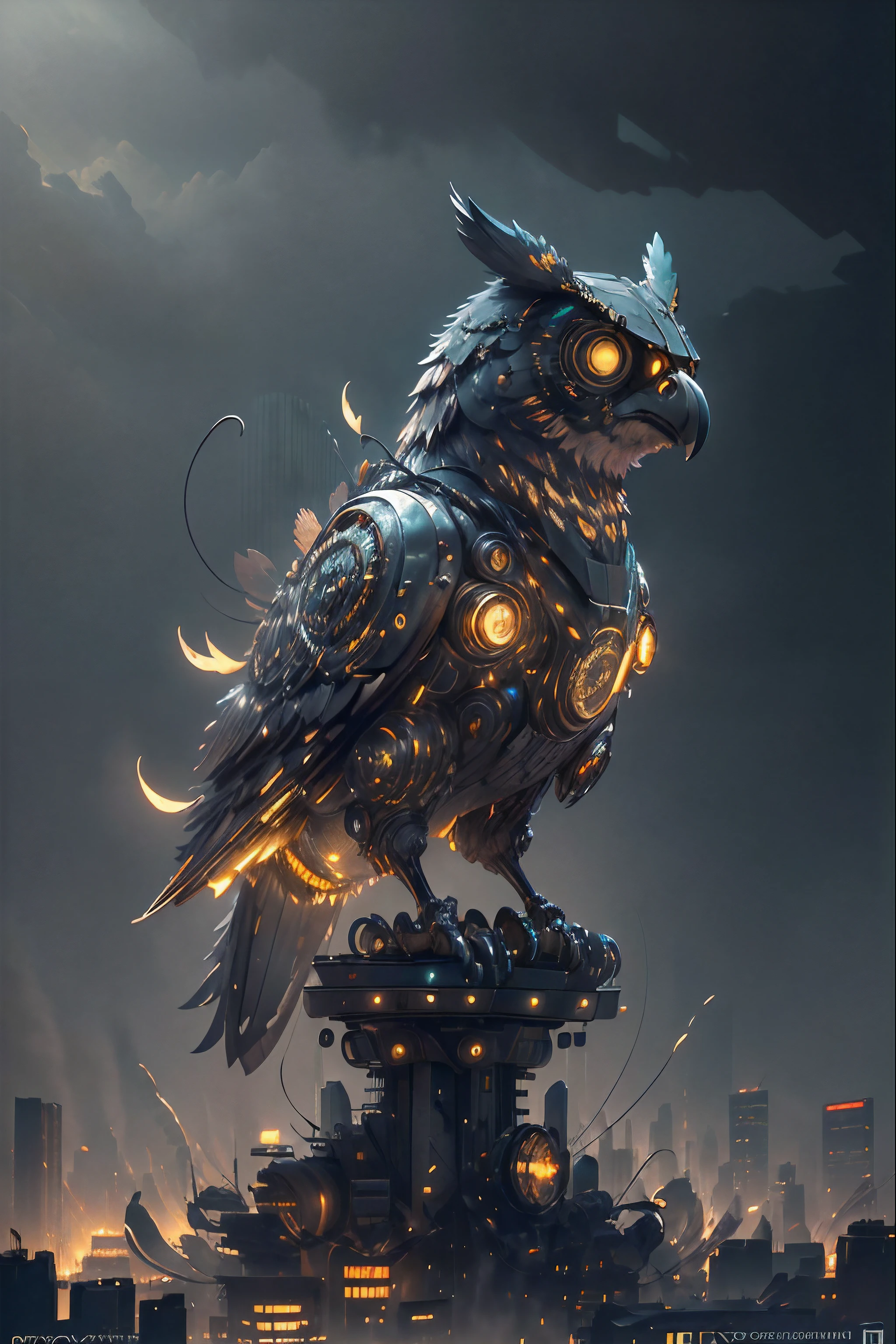 In the middle of the night, A robot owl in an abandoned city. Its fuselage is made entirely of shiny metal, Its mechanical structure shines brightly. The surroundings are littered with crumbling skyscrapers and streets littered with debris. The sky was shrouded in thick black smoke，Knocked down by torrential rain.

(Best quality,4K,8K,A high resolution,Masterpiece:1.2),Ultra-detailed,(Realistic,Photorealistic,photo-realistic:1.37),hdr,hyper HD,Studio lighting,Ultra-fine painting,Sharp focus,Physically-based rendering,Extreme detail description,professional,Vivid colors,Bokeh,Machine Golden Owl,during night,Desolate,Mechanical,Abandoned city,Decaying skyscrapers,Rainy atmosphere,Torrential rain,Dark smoke,Bright lighting,Detailed metal body,metallic  luster,Lighting machinery and equipment