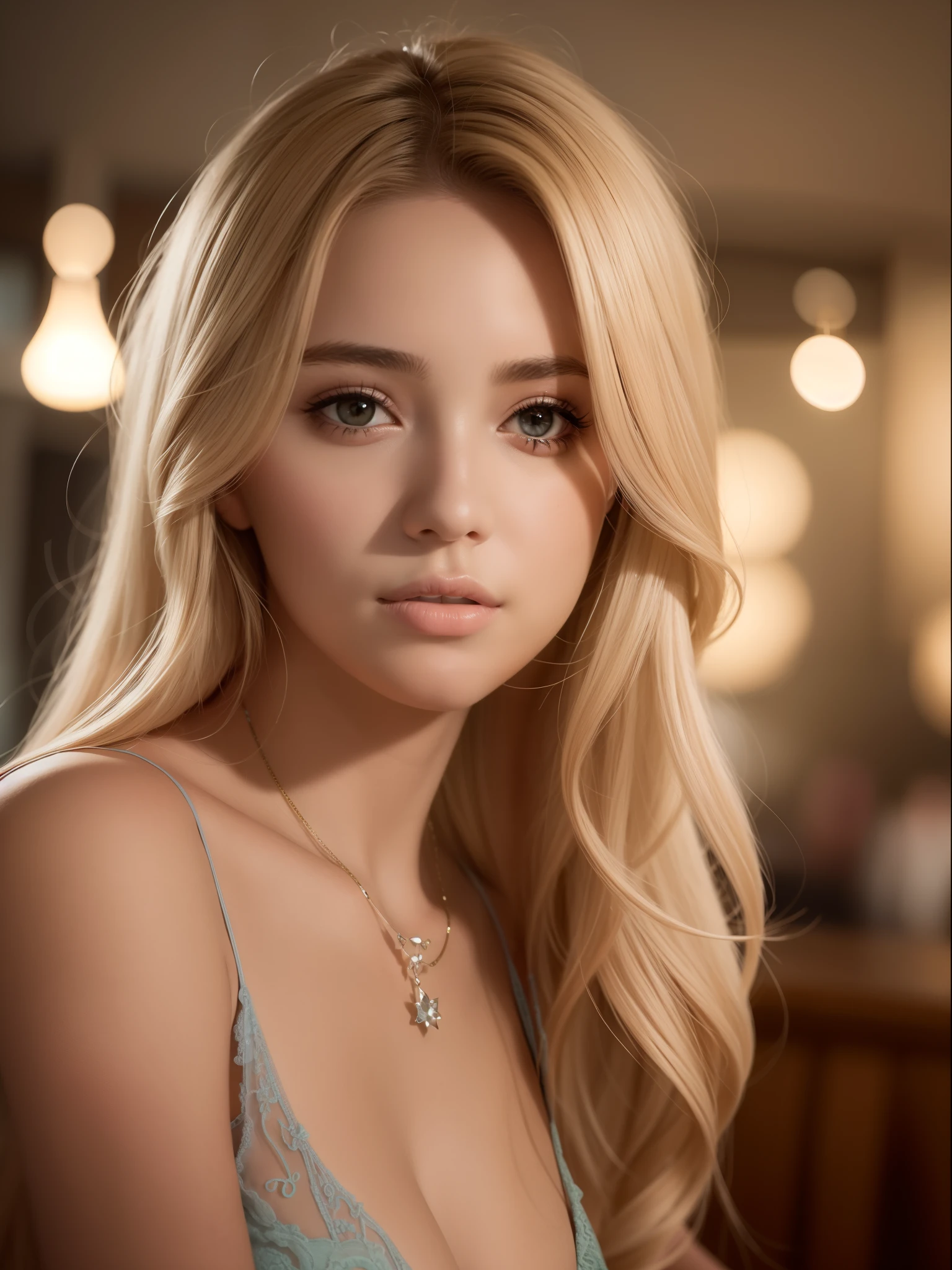 Uma foto de uma beleza loira de peitos grandes , Stunning woman in a café, Uplighting, Pendente