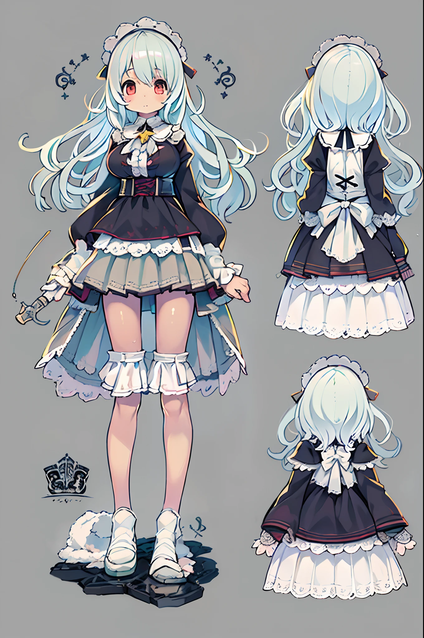 ((masutepiece)), (Highest Quality))), (CharacterDesignSheet, National Costume, Same character, front, Side, Back), Illustration, 1 girl, Full body, Silver hair, Eye hair, Beautiful eyes, Princess Cut, environment change scene, Short skirt, Shyness, Woman, girl, Standing, Gothic lolita, v tuber, Charter Betarola, (Simple background, White background: 1.3) ( masutepiece:1.2), (Best Quality:1.3)