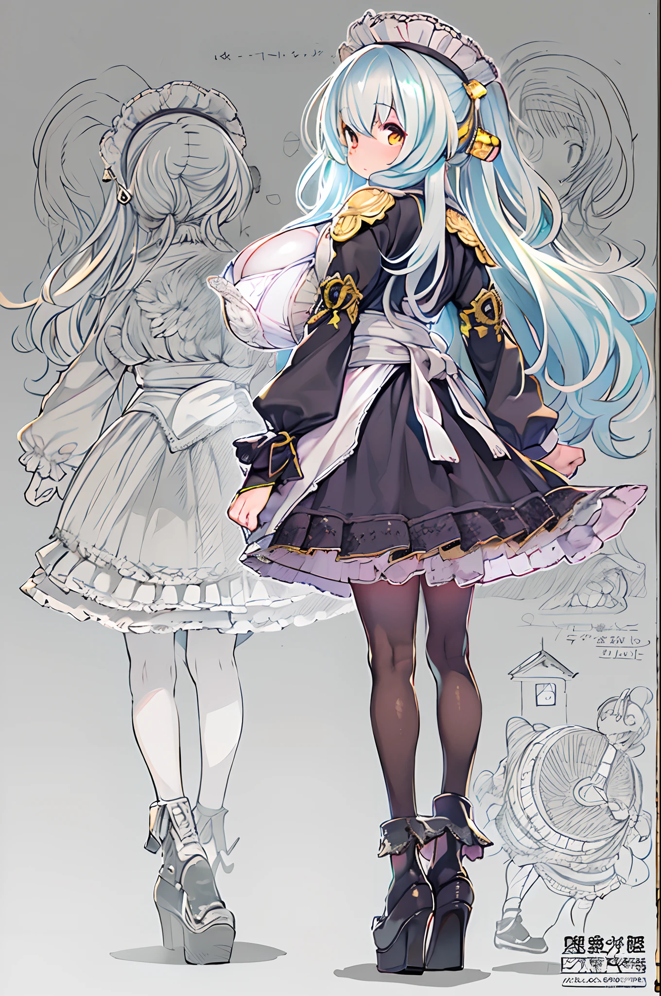 ((masutepiece)), (Highest Quality))), (CharacterDesignSheet, National Costume, Same character, front, Side, Back), Illustration, 1 girl, Full body, Silver hair, Eye hair, Beautiful eyes, Princess Cut, environment change scene, Short skirt, Shyness, Woman, girl, Standing, Gothic lolita, v tuber, Charter Betarola, (Simple background, White background: 1.3) ( masutepiece:1.2), (Best Quality:1.3)
