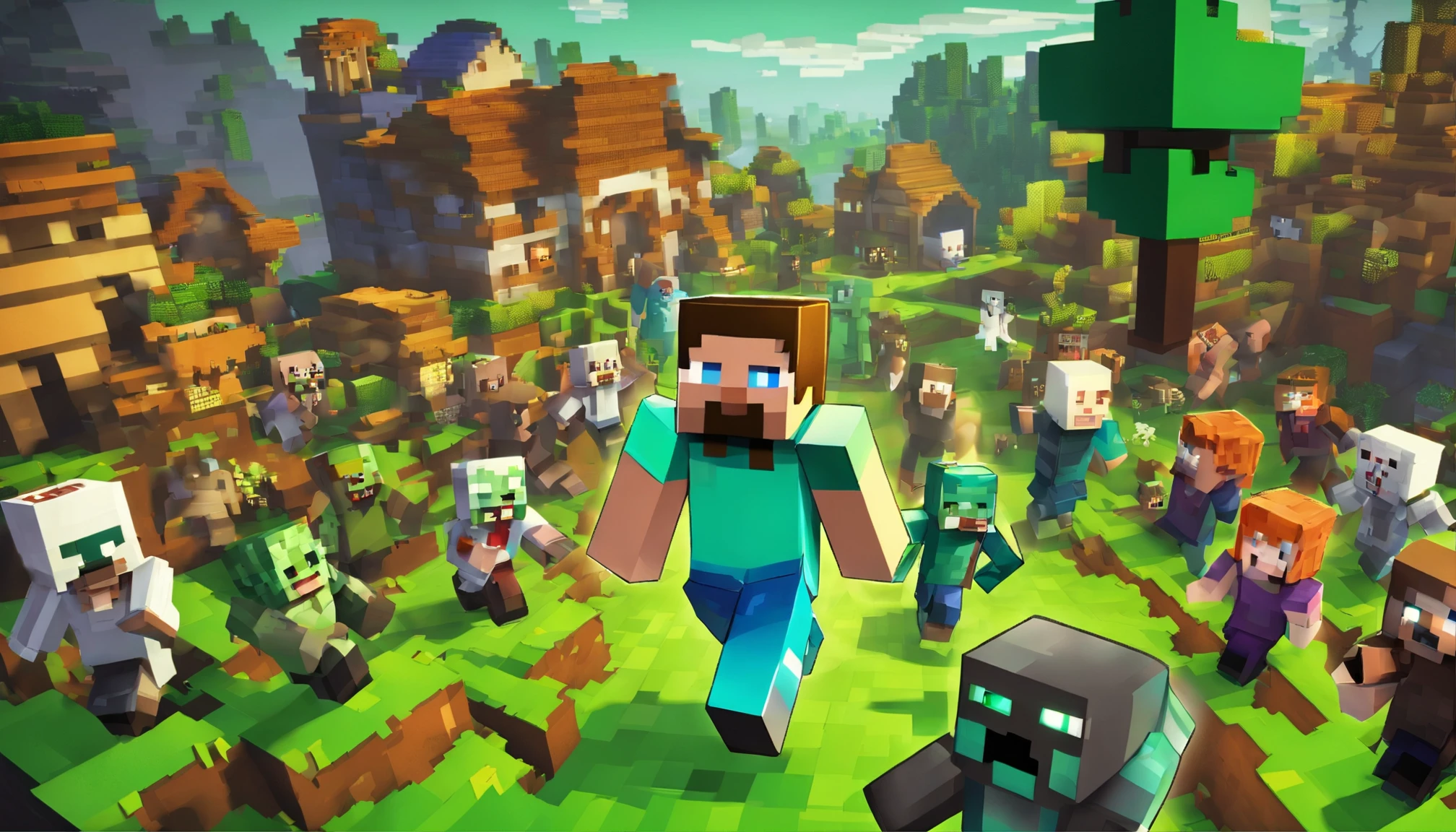 make me a Minecraft female character with a panicked face with white skin running from a lot of zombies, the zombie has green skin with a scary face and is chasing the woman in the background of the village at night