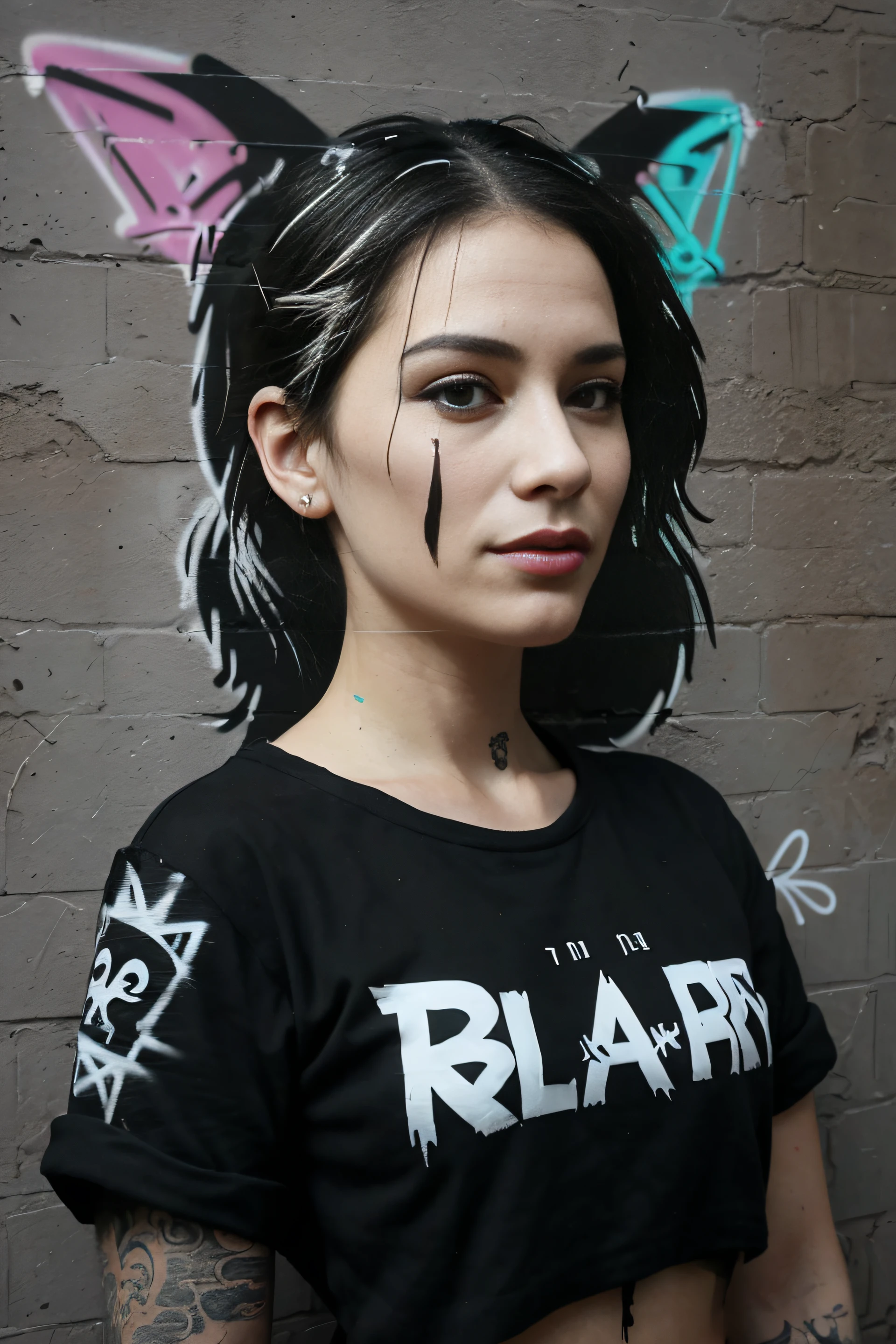 (style of banksy), cybergirl, grafitti, black wall background