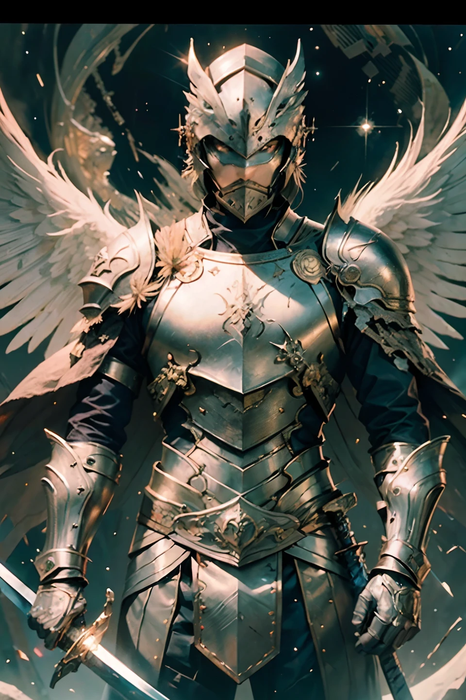 (Masterpiece, Best quality: 1.3), extremely high detail, complexe, 8k, Hdr, wallpaper, lighting cinematic, (cosmos), (Sword Outfit: 1.3), Shining Gold Armor, Masked face,sword in hand, Des yeux brillants,grandes ailes,Men --auto --s2