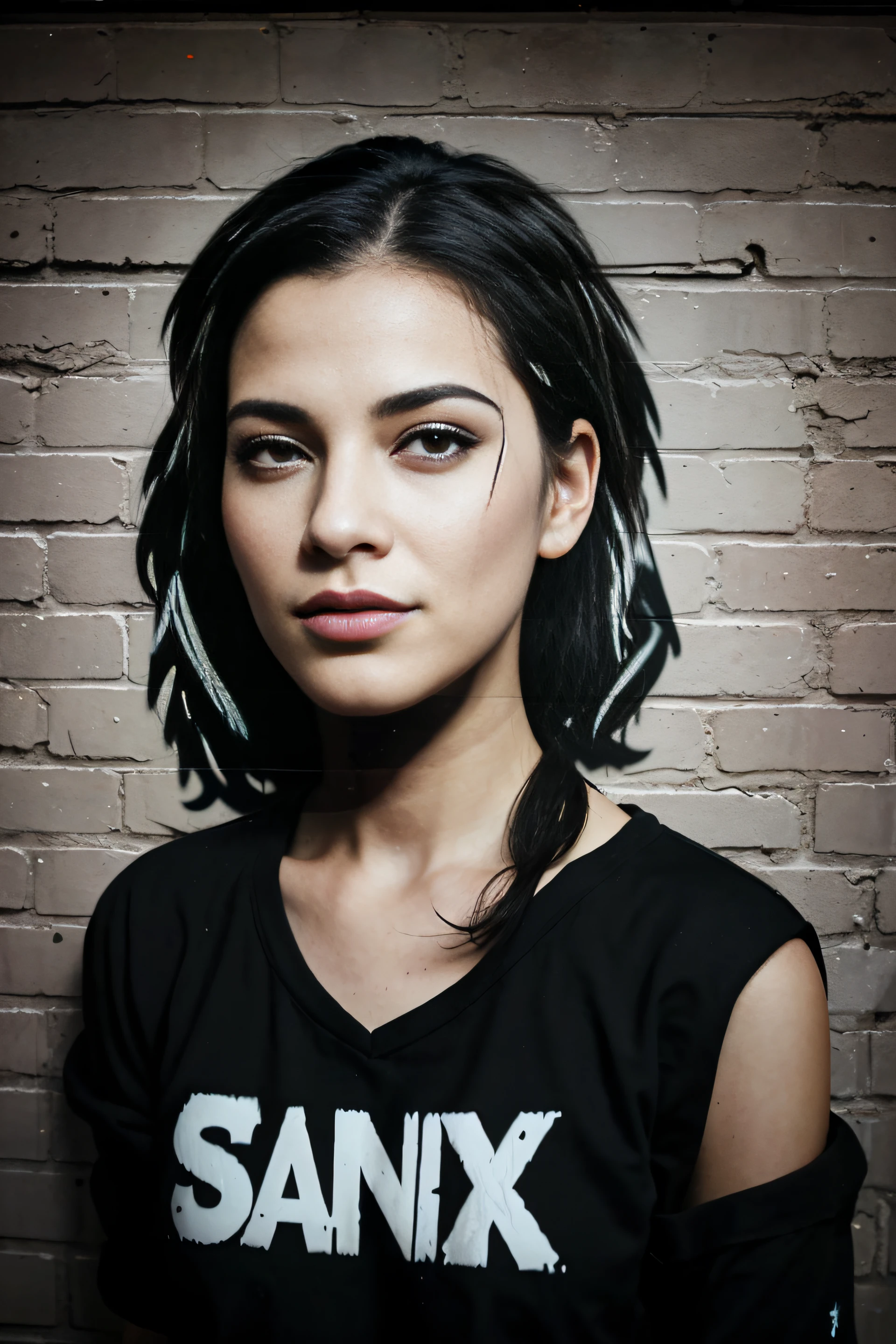 (style of banksy), cybergirl, grafitti, black wall background