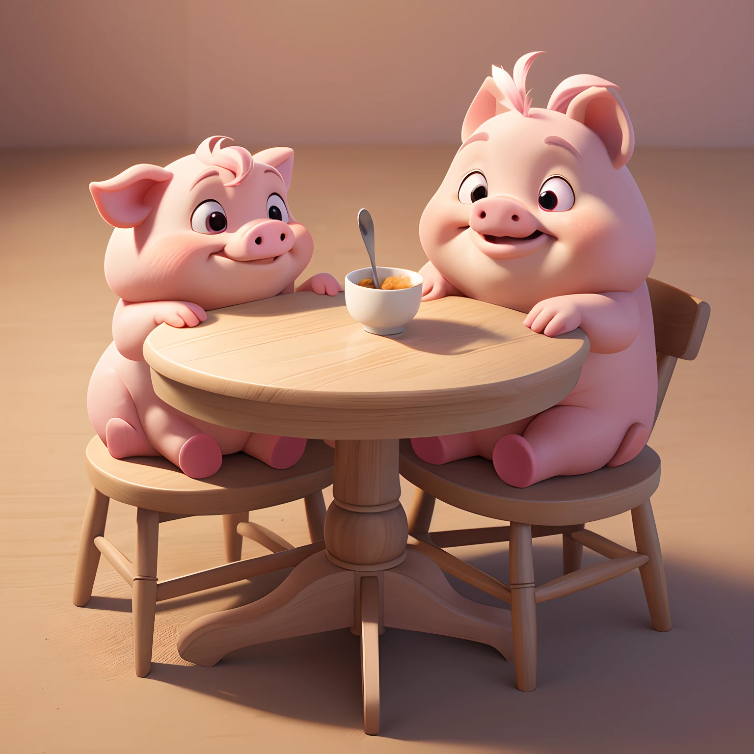 Animation animal, Cute, pink, round animated piglets, smiling, holding a tablespoon, Sit on the chair