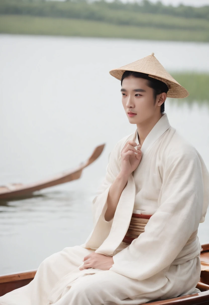 arafed man in a straw hat sitting on a boat, cai xukun, hanfu, chinese style, white hanfu, inspired by Bian Shoumin, inspired by Liu Jun, with acient chinese clothes, inspired by Huang Gongwang, inspired by Gu An, inspired by Chen Daofu, inspired by Xiao Yuncong, inspired by Wu Bin