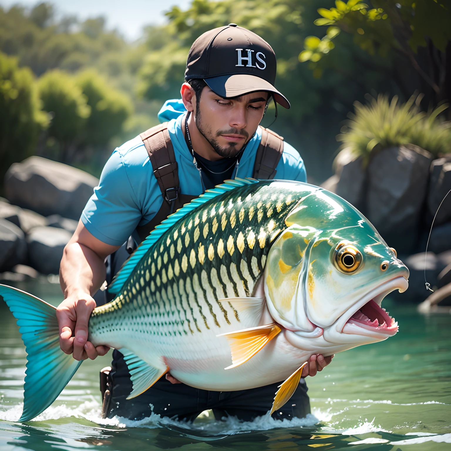 Homem bonito pescando de caiaque snook