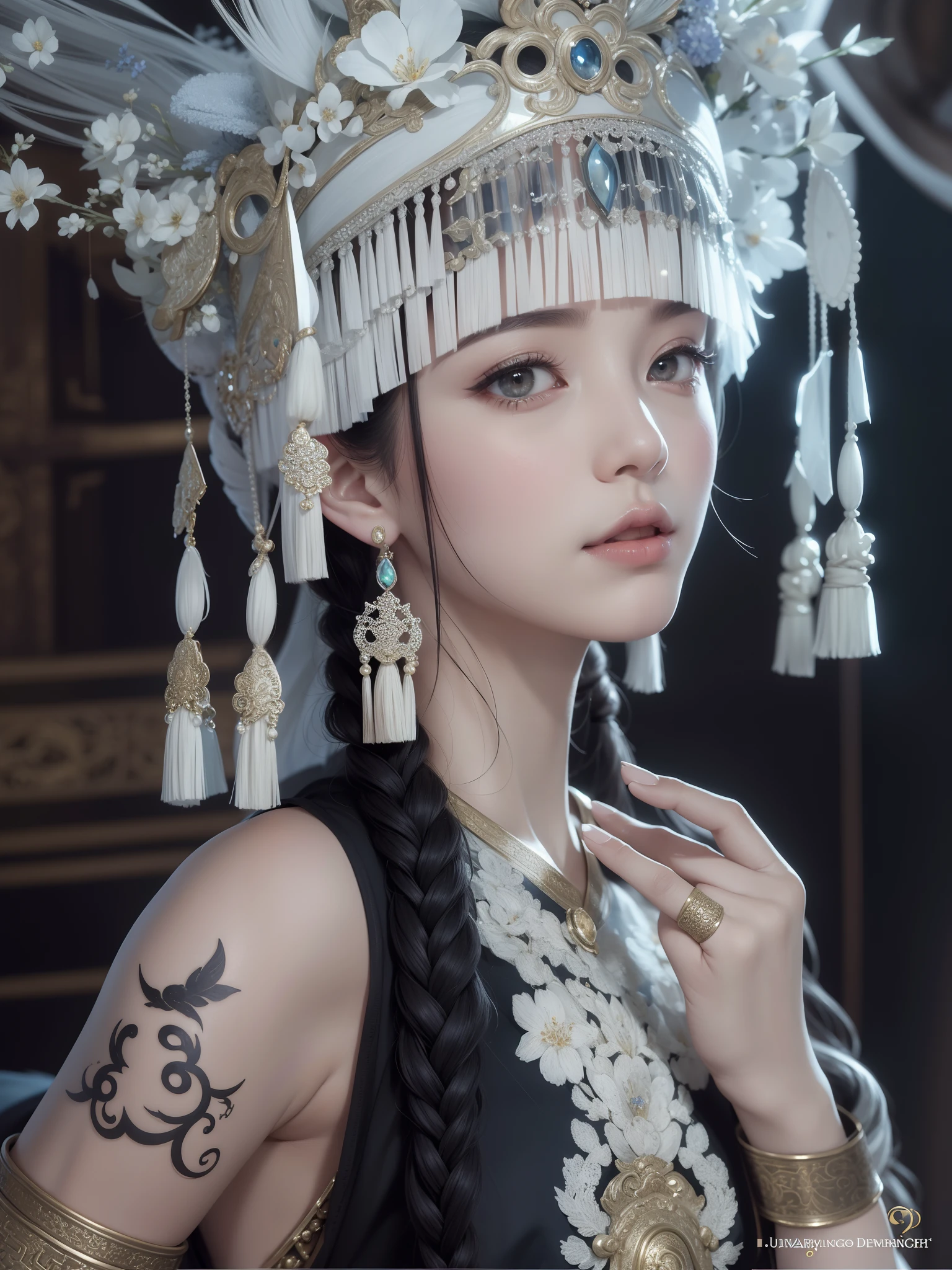 Dunhuang style, 1girle, (realistic, photorealistic :1.3), (((dance))), extremely delicate beautiful girl, supple fair skin, delicate facial features, perfect face, light makeup, peach blossom eye makeup, sexy collarbone, portrayed hand details, delicate hands, delicate eyelashes, delicate eyes, bare shoulders, stunning beauty, extreme details, realistic details, best quality, highly detailed, masterpiece, shoulder, navel, flying pipa girl, The background is a Dunhuang mural, dance moves, one hand raised above the head, One hand stretched forward, Buddhist pose, gray hair, long hair, complex hair accessories, Chinese hairpins, fluttering ribbons, dynamic perspective, hair bubbles, flowers on the head, gradient eyes, smile, surrealism, high detail, romanticism, cinematic lighting, glitter, reflected light, UHD, retina, masterpiece, super detail, textured skin, anatomically correct, high detail, best quality, high resolution, high quality, award-winning, 8K