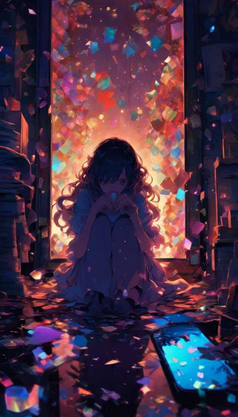 in the dark.Looking down and not seeing her face. A woman in a broken mirror. The room is a mess. A cell phone and a hand mirror are on the floor. Fantastic. High quality in every detail. Big people.