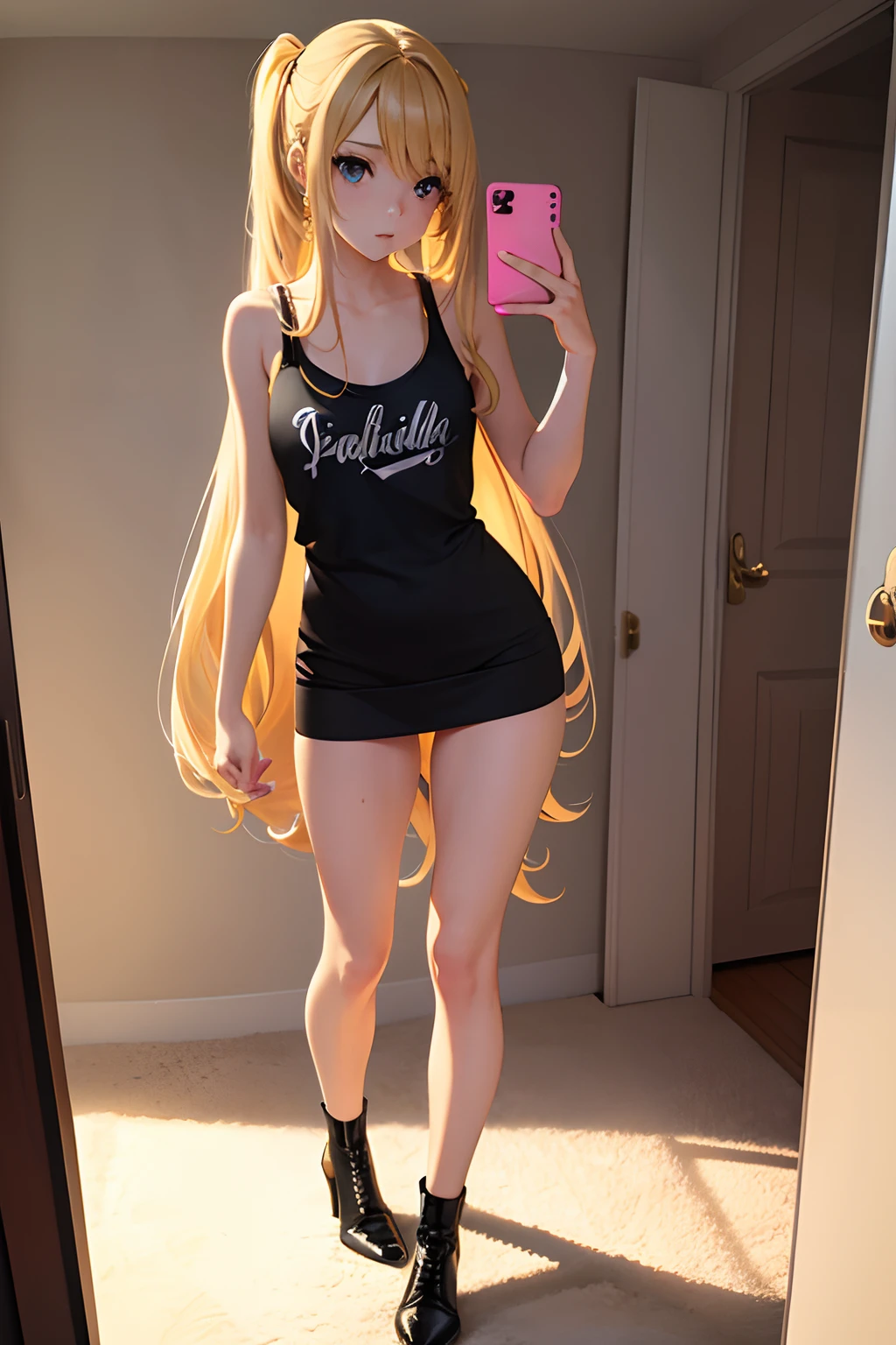 Sorority girl,full-body render looking at viewer,facing viewer, blonde hair,standing in her bedroom,wearing hot outfit,about to have sex to pay the rent,wearing high heel ankle boots,small breasts,petite slim body leg's and thighs,short,skinny emo,college student