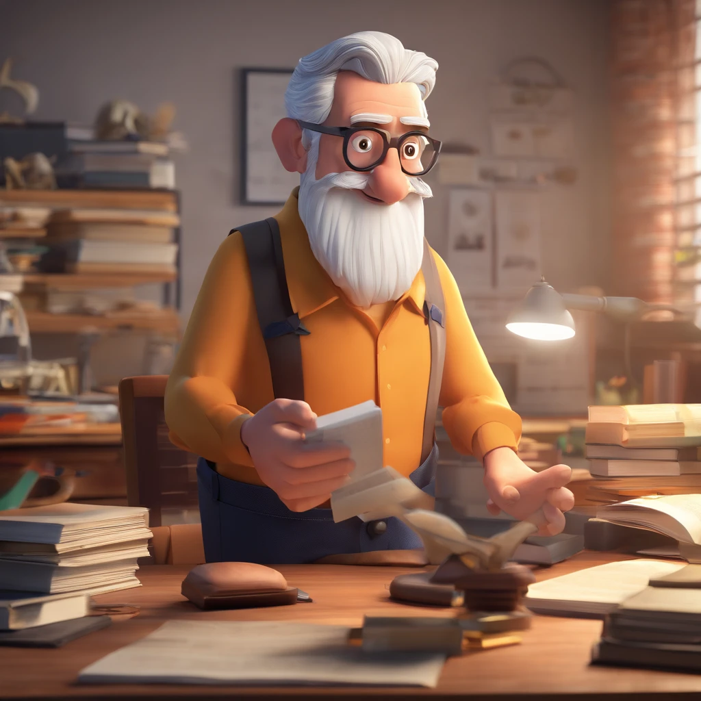 Crie um cartaz inspirado na Disney Pixar com o personagem sendo o pastor Rubens Janier, A gray-haired man wearing glasses, in an office with a Bible on the table, Looking forward and serious