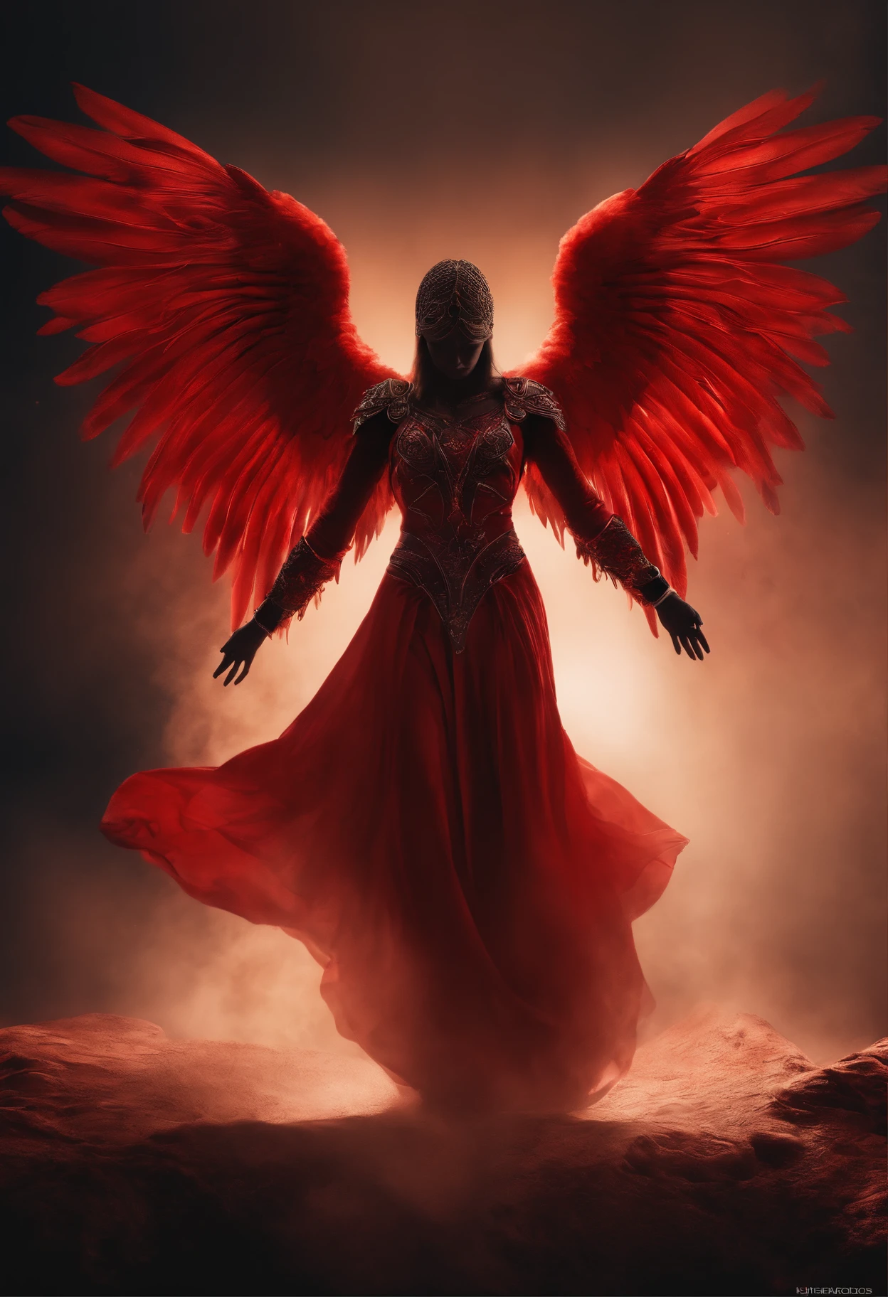 Red Fallen Angel, olhos escuros e sem vida, Biomechanicals, estranho, assustador, Pesadelo, cores muito escuras, light particles, com luz escuras, Mshiff, Arte do papel de parede, Papel de parede UHD