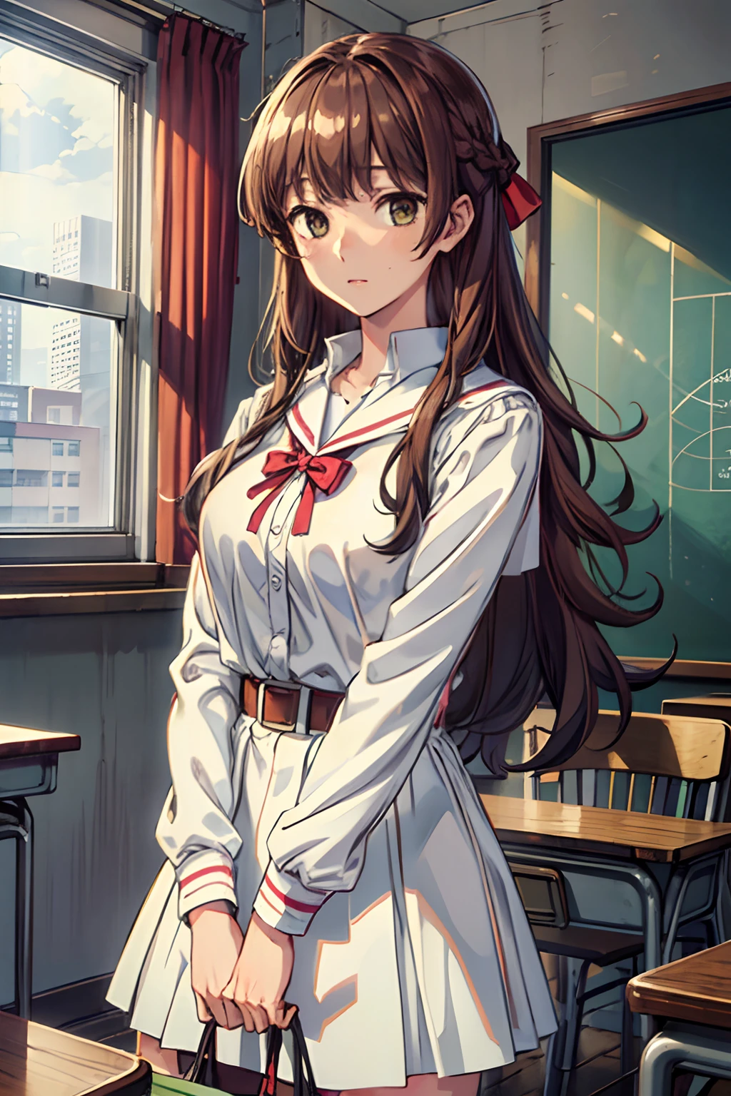 ((masterpiece,best quality)), highres, extremely detailed 8K wallpaper, depth_of_field, cowboy shot, solo, 1girl, saeki_sayaka_yagatekimininaru, long_hair, brown_hair, braid, green_eyes, bow, big breasts, , school uniform, white sailor collar, brown jacket, brown sleeves, red bow, red ribbon, black shirt, belt, classroom, night,