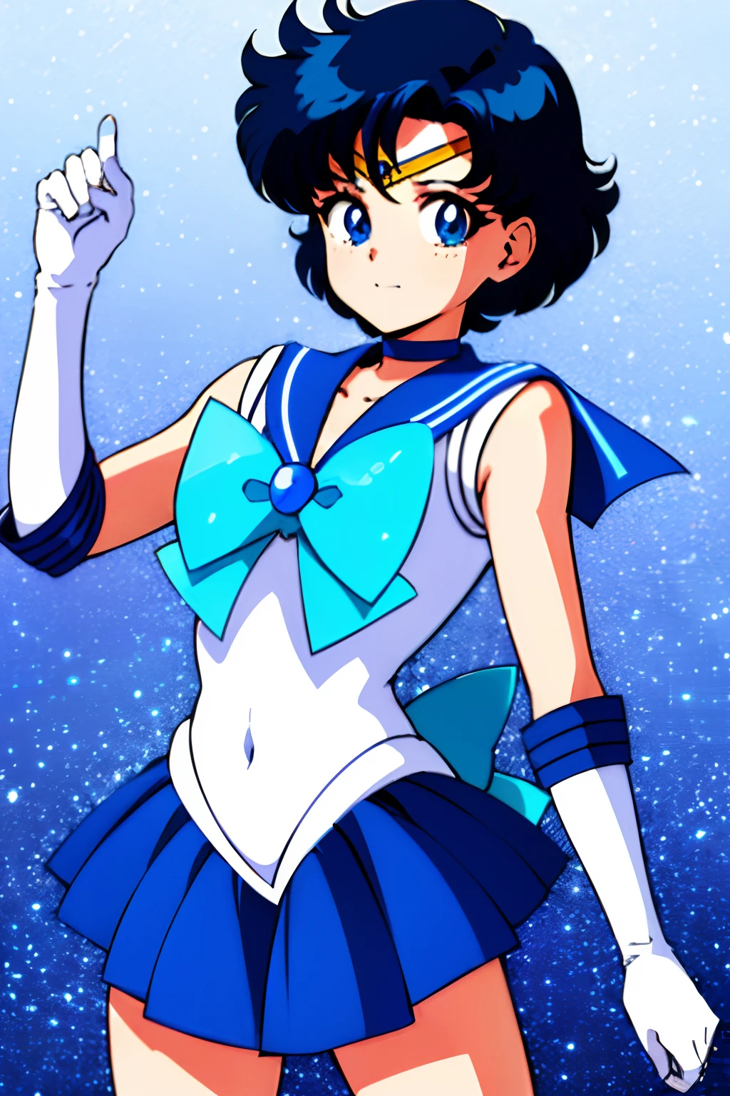 top-quality、​masterpiece、Anime Boy、Junior high school boys、gender change、gender change(Girls to boys)、solo、Sailor Senshi Uniform、Ami Mizuno、Sailor Mercury、white glove、elbowgloves、Blue choker、rating:safe、jewelry、Blue-eyed boy、Very short blue-haired boy、Blue sailor collar、Sky blue bow tie、耳Nipple Ring、skirt、bow、Magical Boy、White leotard、highleg leotard、robe blanche、looking_at_viewer、blue_bow、sky blue_bow、a blue skirt、Boy standing、covered_navel、closed_mouth、gradient_background、circlet、a miniskirt、pleatedskirt、gradient、back_bow、Bare shoulders、bare legs、collarbone、bangs、(1990's\(styles\):0.9)、