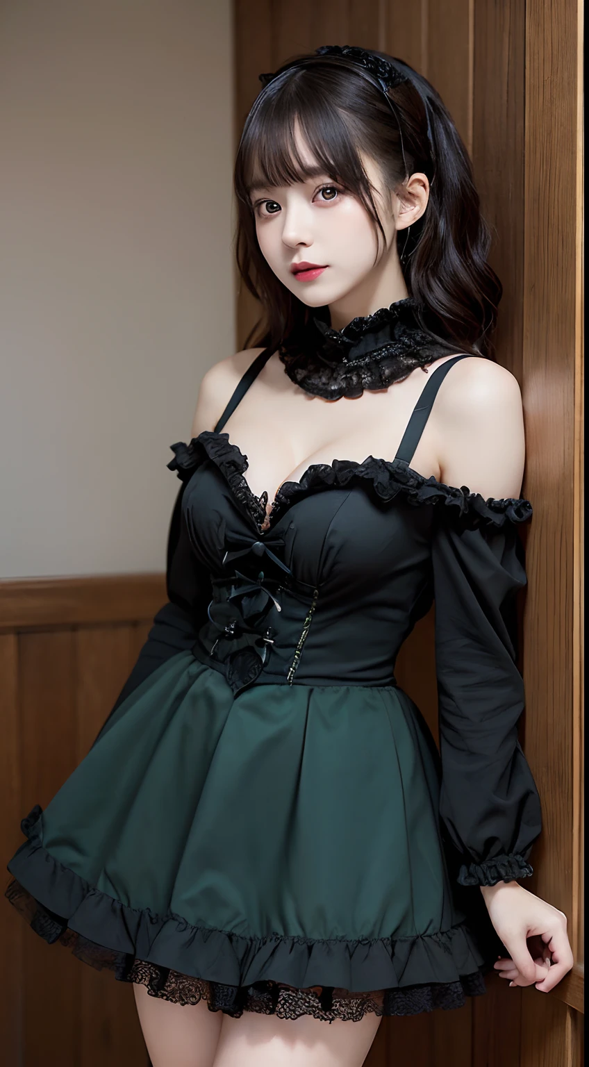 Innocent 18 year old girl、((Lolita Fashion,Gothic lolita,Black Green Gothic Lolita Dress,the skirt is short,You can see the cleavage where the panties are visible,Dramatic poses)),Smile,Twin-tailed,Curly hair,Background of Western-style buildings、Wooden wall background、Raw photo, (8K、top-quality、​masterpiece:1.2)、(intricate detailes:1.4)、(Photorealsitic:1.4)、octane renderings、Complex 3D rendering ultra detail, Studio Soft Light, Rim Lights, vibrant detail, super detailing, realistic skin textures, Detail Face, Beautiful detail eyes, Very detailed CG Unity 16k wallpaper, make - up, (detailedbackground:1.2), shinny skin, Full body、((From head to thigh))、cleavage of the breast,((Pinching the chest,bare thigh,bare-legged,Show me the soles of your feet,Angle from below))