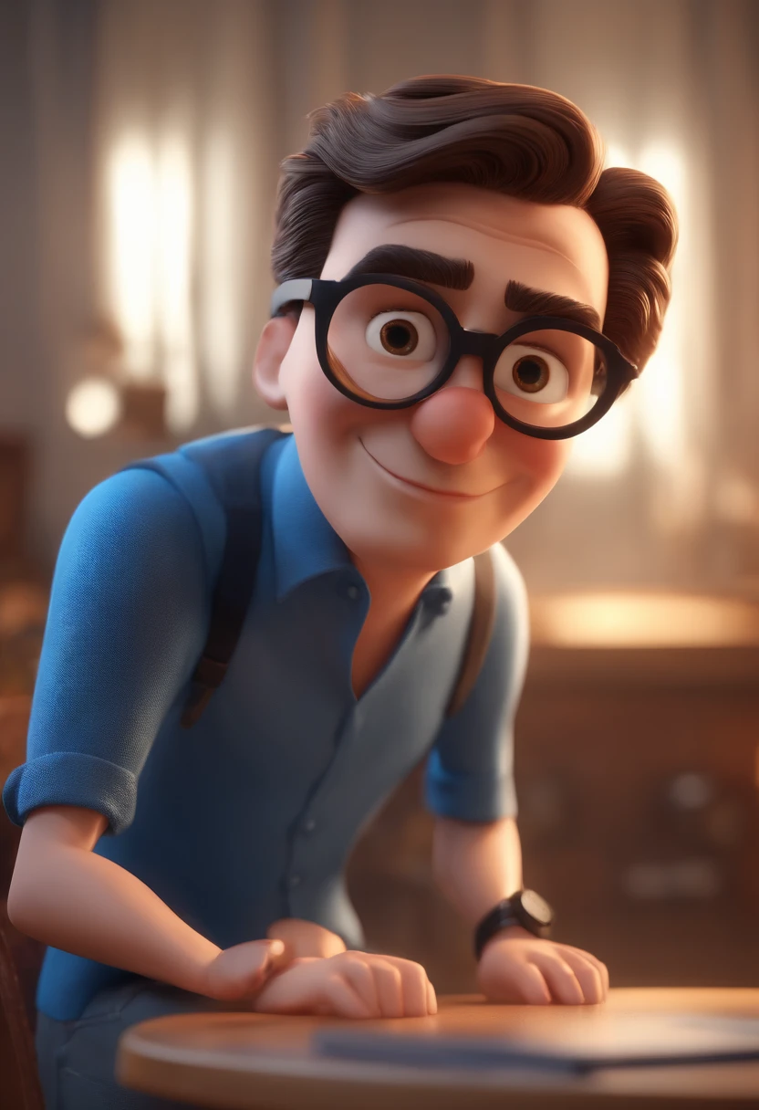 Cartoon character of a man with black glasses and a blue shirt, animation character, Caractere estilizado, animation style rendering, 3D estilizado, Arnold Maya render, 3 d render stylized, toon render keyshot, Personagem 3D, Personagem 3D, 3d rendering stylized, 3 d character render, personagem de desenho animado, Personagem de close up, Pose de personagem, (Estilo Pixar) (master part:1.2) (Bokeh) (best quality) (pele detalhada) (textura detalhada) (8k) (argila) (Cinematic lighting) (foco nítido