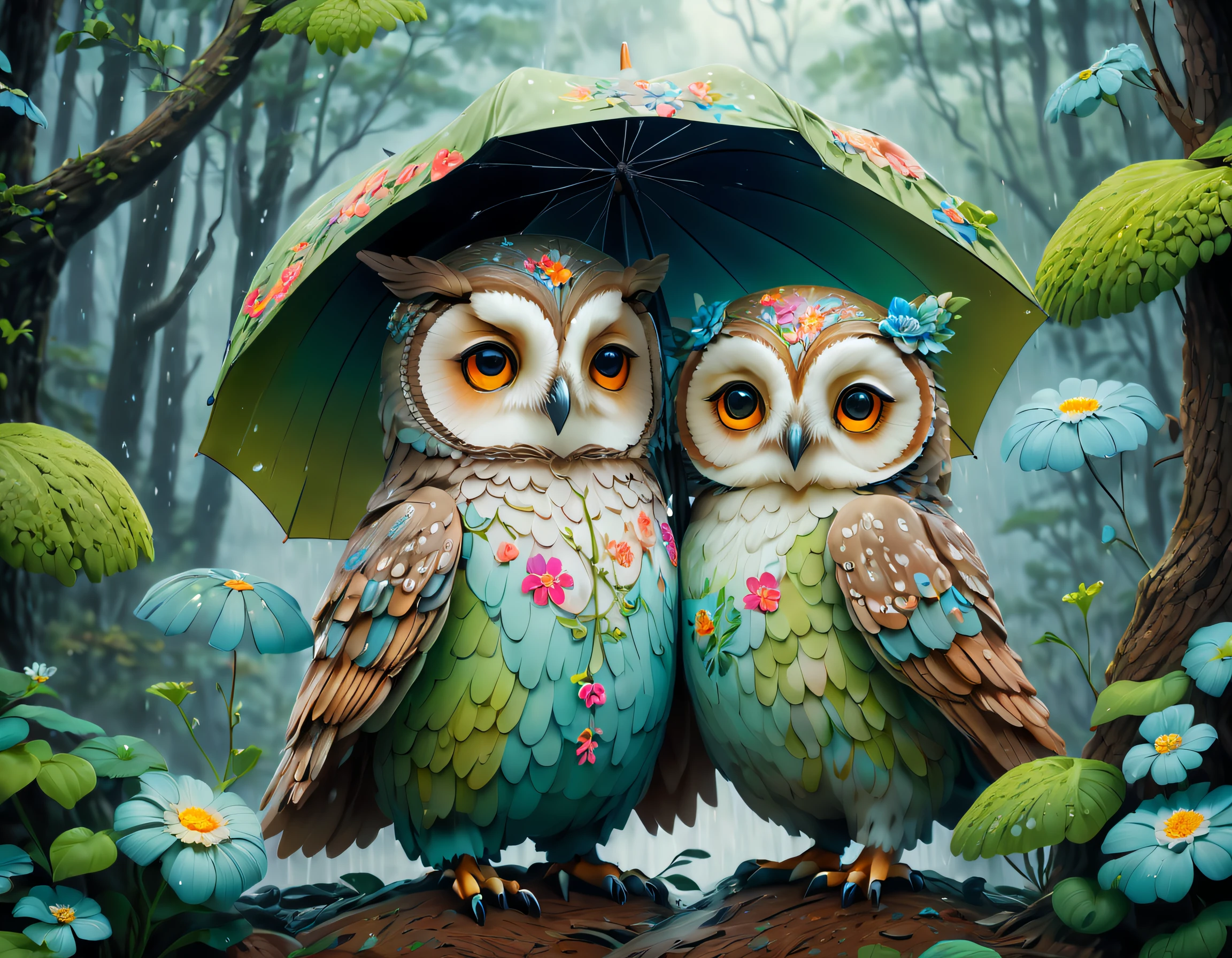 （Colorful painting with flowers flowers for an owl mother and 2 ），（There is only a large umbrella），（Mother owl holding a large umbrella：1.37），（2 small babies)p to your mom），Mom's caring expression，The baby's coquettish expression 
background：（A forest where it is raining heavily：1.3）， （A forest where it is raining heavily：1.3），（A forest where it is raining heavily：1.3），Cute detailed digital art, lovely digital painting, adorable digital art, Beeple and Jeremiah Ketner, cute owl, cute detailed artwork,cute 3 d render, digital painting highly detailed, cute colorful adorable, highly detailed digital artwork, highly detailed and colored, digital art highly detailed, cute artwork