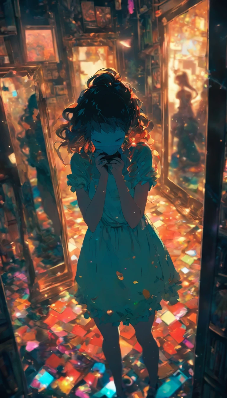 in the dark.Looking down and not seeing her face. A woman in a broken mirror. The room is a mess. A cell phone and a hand mirror are on the floor. Fantastic. High quality in every detail. Big people.