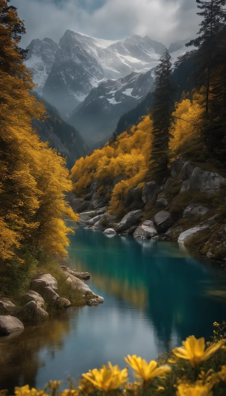 In the vast expanse，snow mountains、ln the forest、lakes、A golden picture of a sea of flowers and sunlight