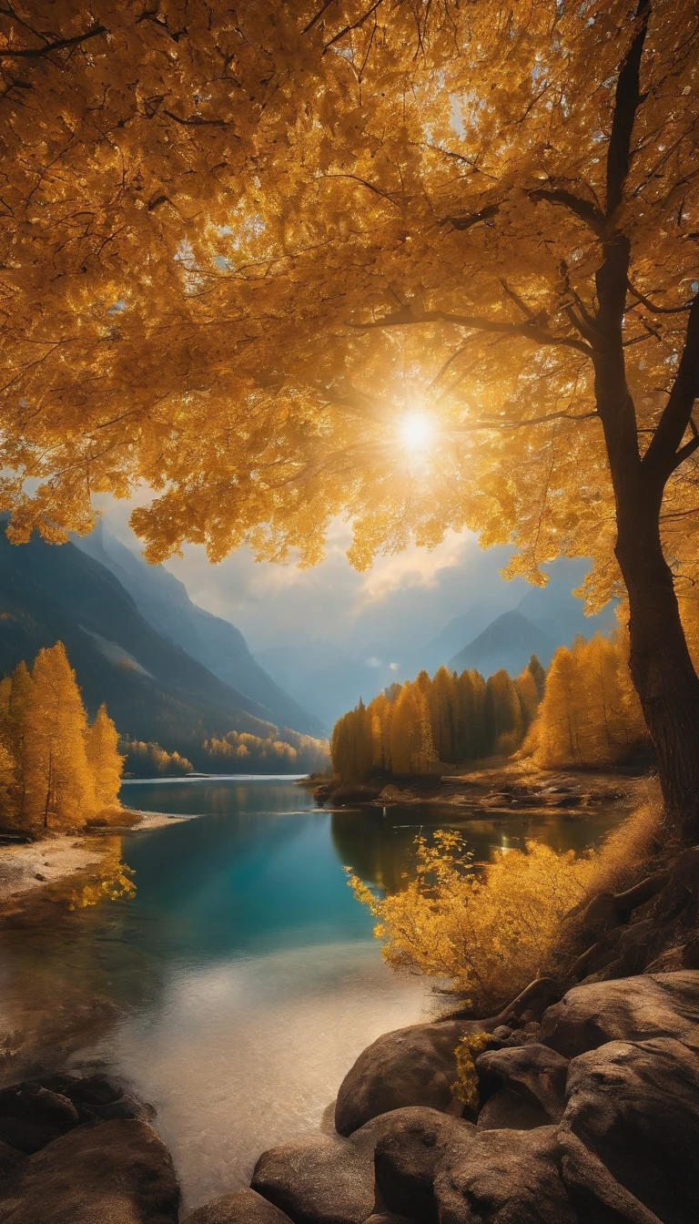 In the vast expanse，snow mountains、ln the forest、lakes、A golden picture of a sea of flowers and sunlight