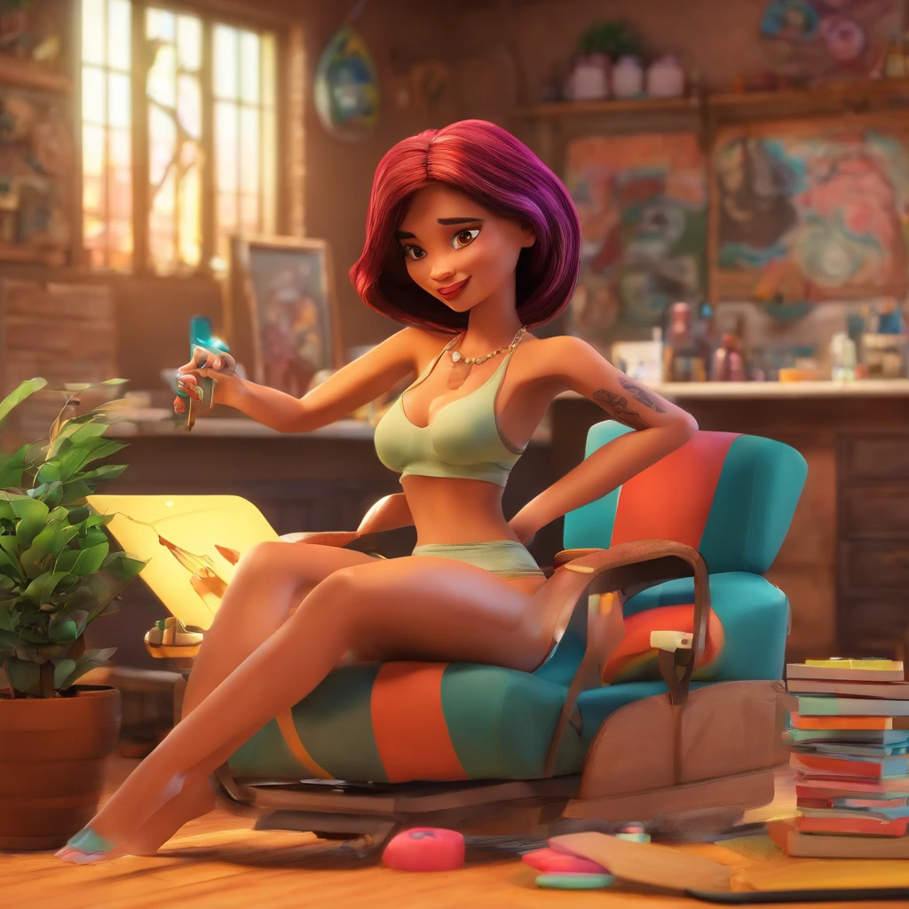 create a 3D movie poster inspired by Disney Pixar, The scene should be in Pixar's signature digital art style, com uma imagem caricatural que lembra a cantora brasileira "Anita" in the prone position, Wearing a bikini while a tattoo artist is sitting tattooing with a giant ring on one hand, inside a tattoo parlor.