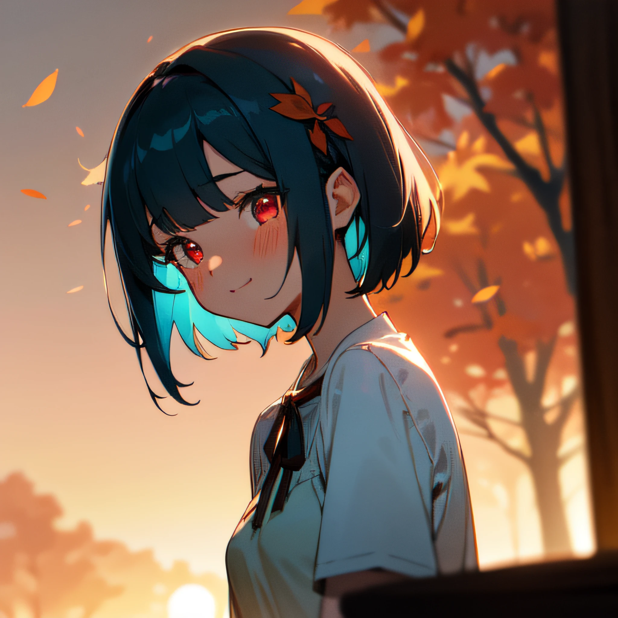 mastepiece, profesional artwork, sharp image, best quality, high quality, ultra quality, 1girl, dark cyan hair, short hair, straight hair, teen, cute, casualwear, small breast, upper body, face focus, beautiful eyes, red eyes, glowing eyes, bedroom, falling leaves, autunm, crowd, depth of field, sunray, rays, dust, sunlight, beautiful lighting, detailed face, detailed background, detailed picture, blush, deatiled texture, bokeh background, sunset, smile, heart eyes, hair ribbon, hair ornament, hair decoration, decoration, detailed decoration, cool look, feminime, look away,