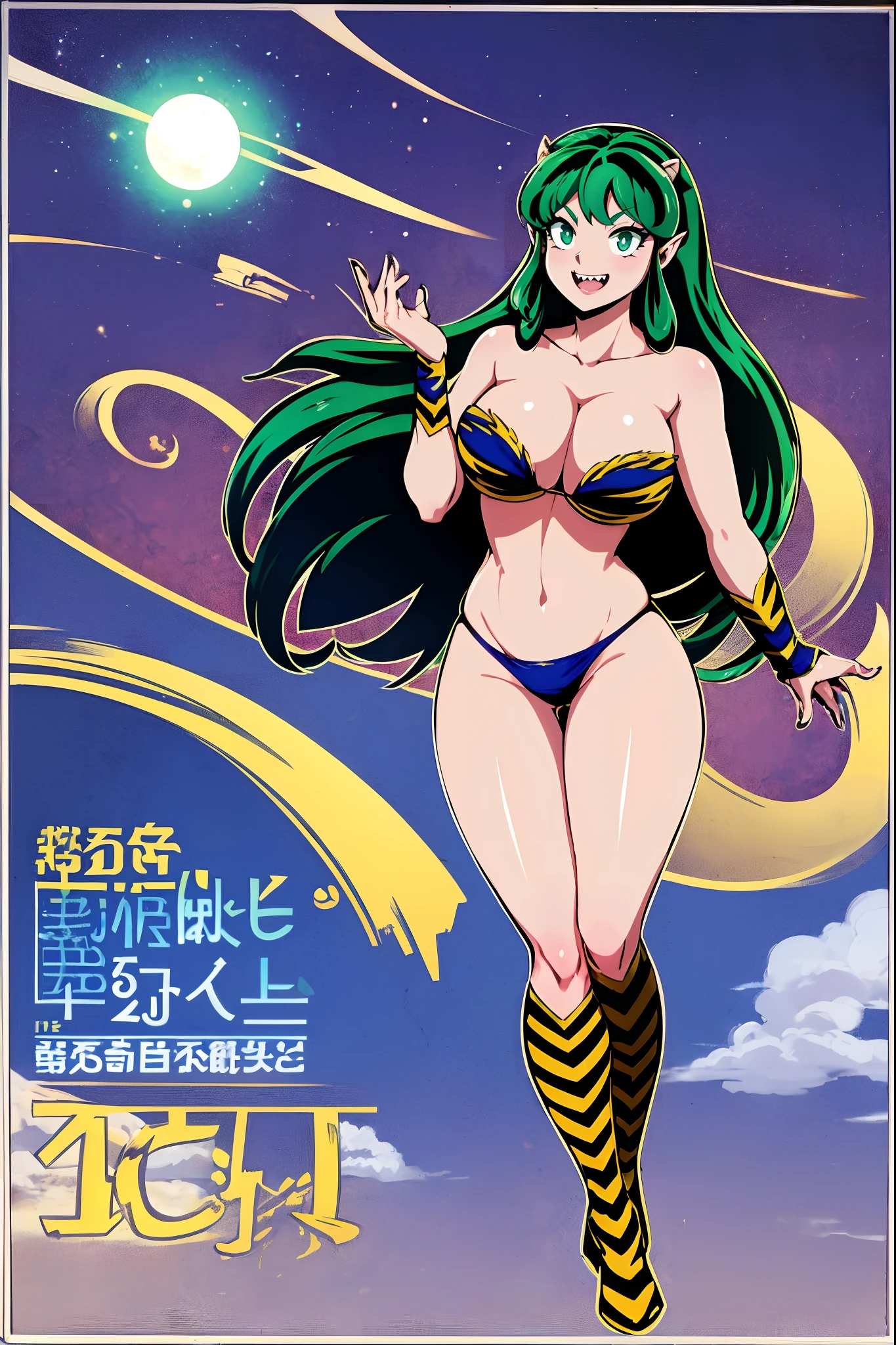 lum, bikini, standing,, , oni, smile,, full body, , , horns, curvy, big breast,, smile, green hair, superhero costume,sharpteeth,levitating, flying