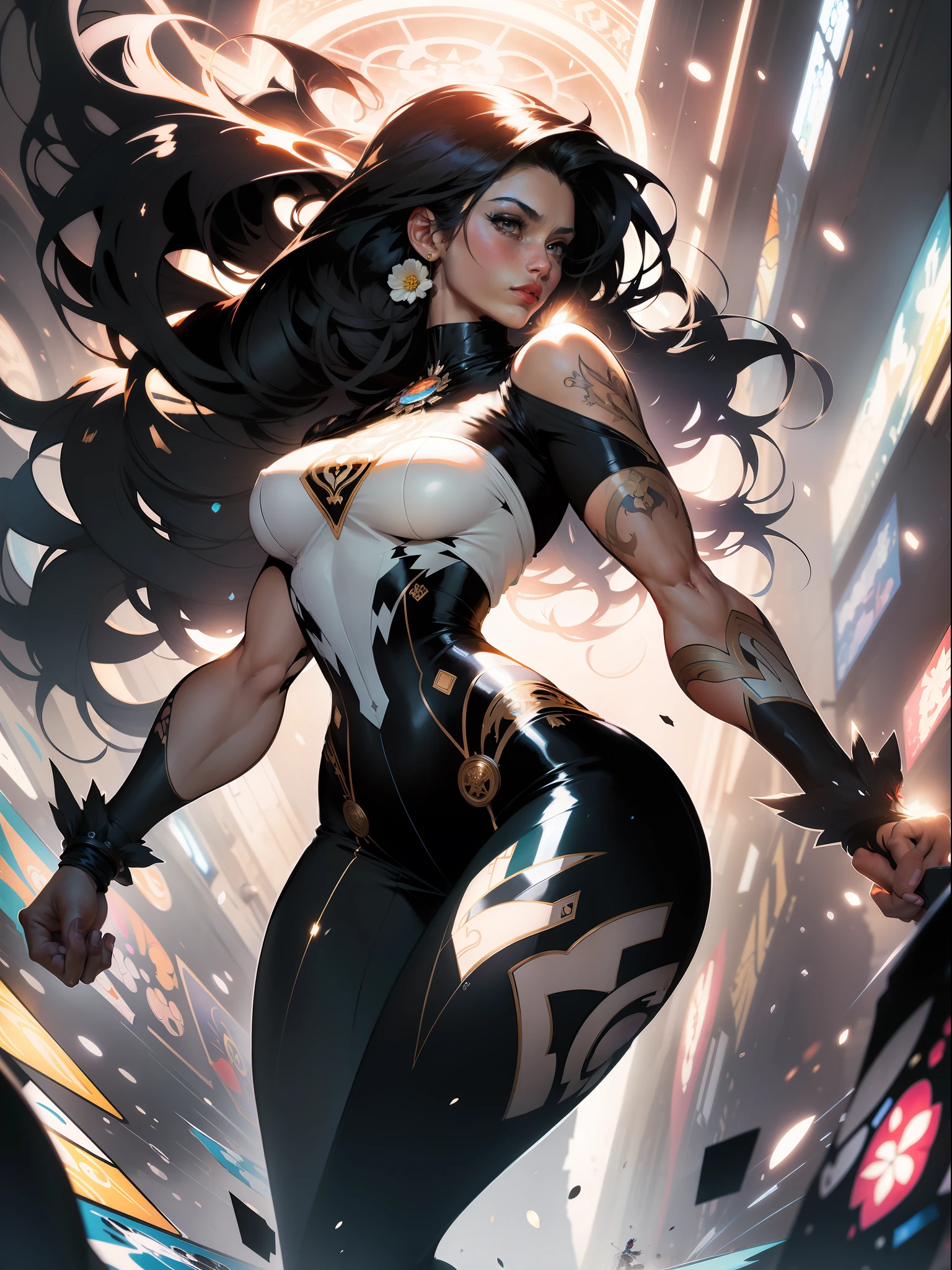 ::Kennedy and Daniel Sampere::2.0 Anime Gacha illustration style, tatoon style, comic book style, , beautiful woman with ultra detailed long hair and in various full-body attack poses, (beautiful and clear background: 1.2),futuristic costume, super detailed circular metals Clinging to the arms and pants, fantastic paintings, graffiti style, flowers, highly detailed eyes, a t-shirt or dress with a white blouse underneath,  With both fists in fighting position, and bracelets, fighting an enemy, with long black hair, stained glass, outside, vibrant, Alphonse Mucha style, fantastic paintings by Joe Madureira, high quality, art, beautiful woman with long black hair, freedom, soul, digital illustration, comic style, perfect anatomy, centered, approaching perfection, dynamic, highly detailed, HDR colors