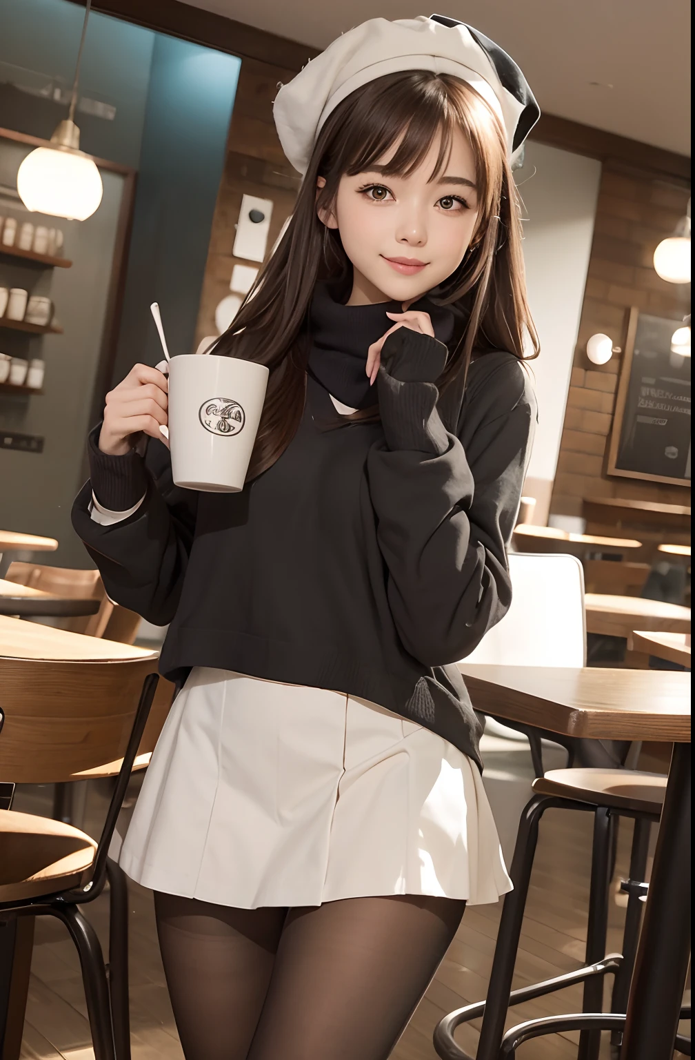 Cafe and college girls, A slight smil, a miniskirt, Winters, Black tights, colorful fashion