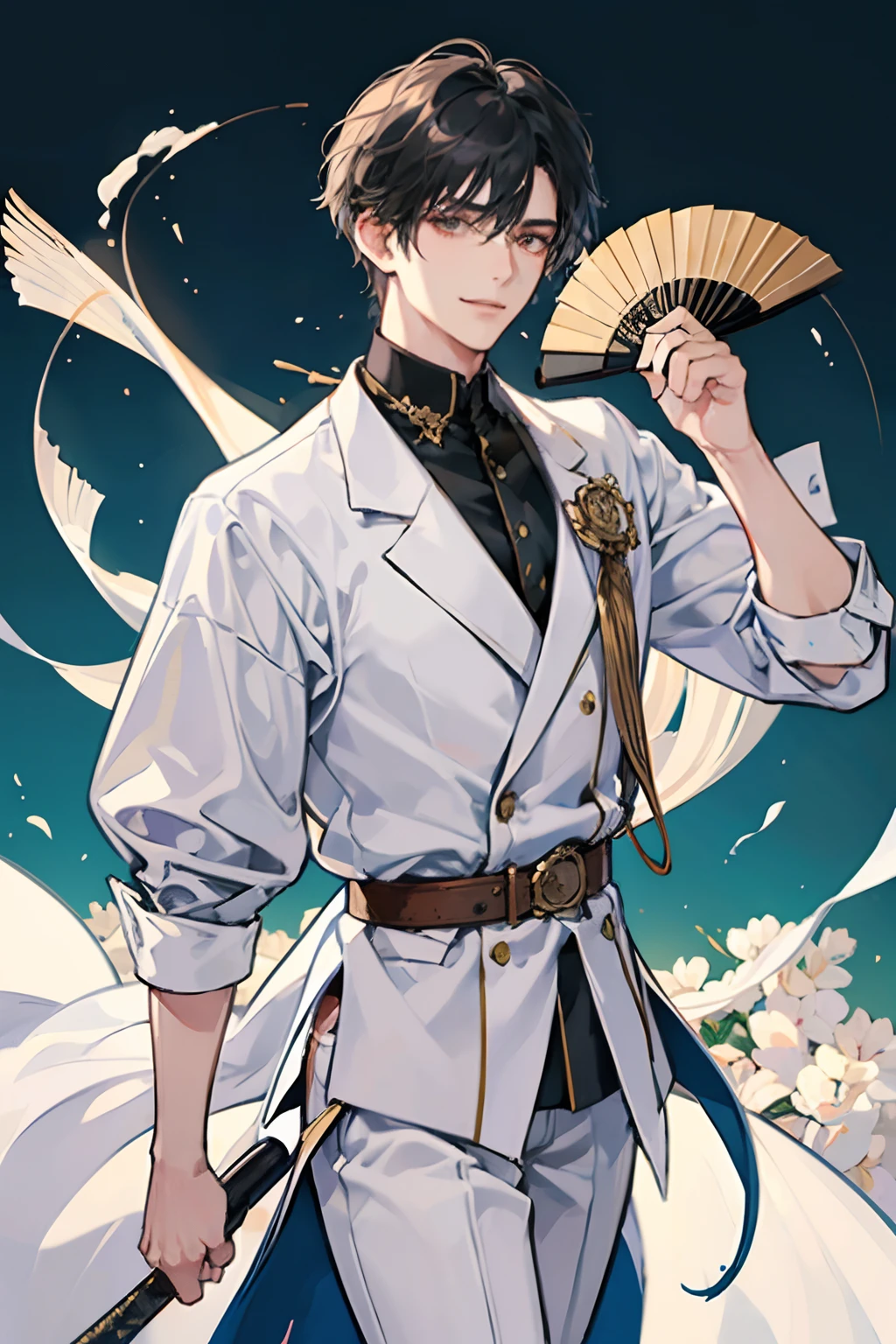 One is personable and dressed in white,But the smile is lewd,A handsome black-haired man with an antique style holding a folding fan and a soft sword walked over,Very obscene,The background is a fishing village