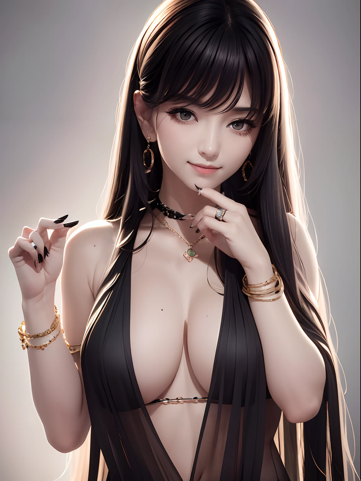 masterpiece,best quality,ultra-detailed,8K,detailed light,detailed shadow,RAW, (detailed skin),(realistic:1.2),
1girl,face,
pilyeon, black nails, jewelry, Long hair, looking at viewer, choker, necklace,piercing, white background, heart, closed mouth, grey eyes, nail polish, simple background, black hair, ear piercing, black choker, smile, eyelashes, lips, hand on own cheek, bangs, bracelet, beads, gem, earrings, fingernails
