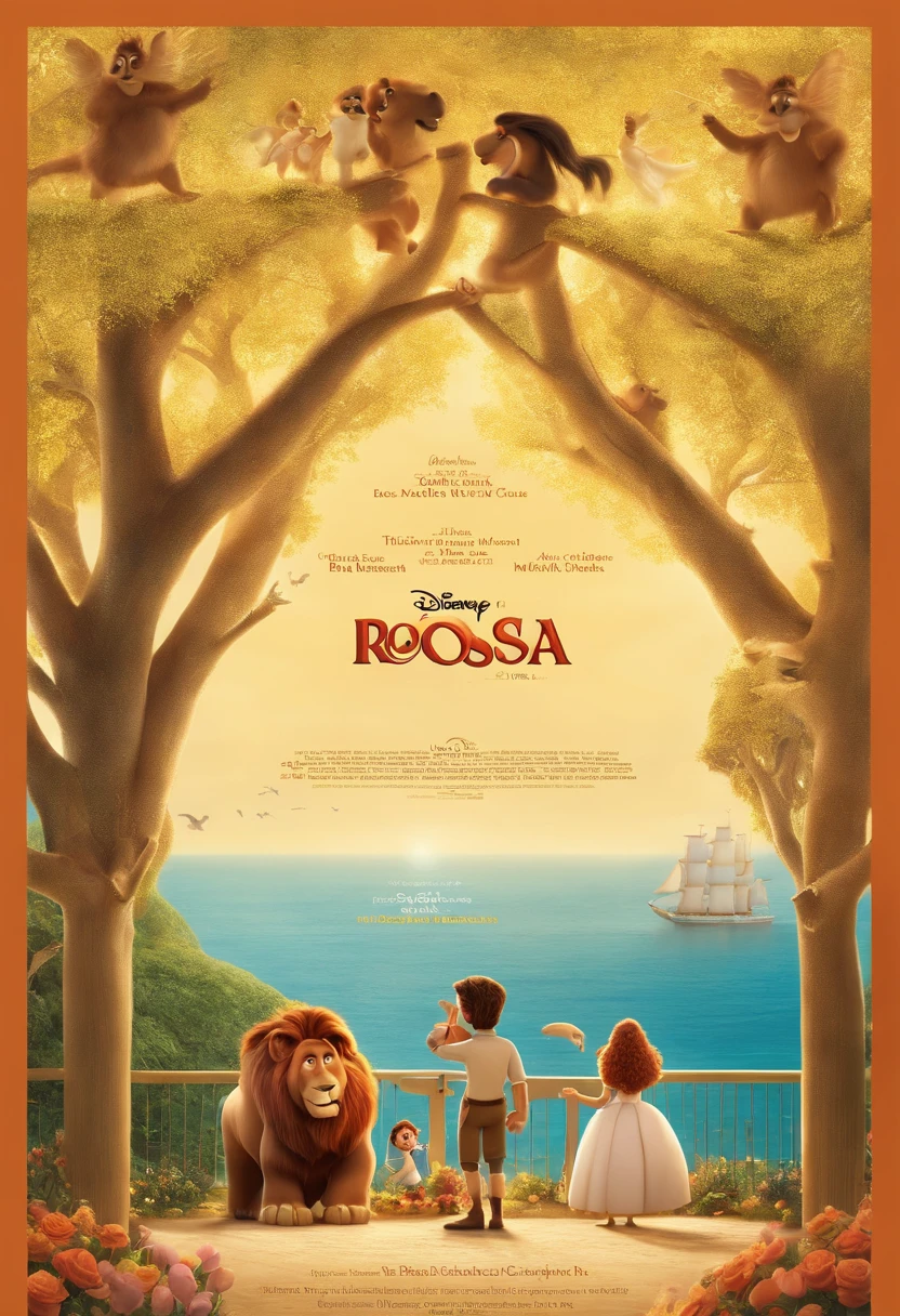 a Disney Pixar movie poster showing a white-skinned family. The father is the tallest, Tem barba curta, loiro, cabelos curtos e espinhosos. The mother has brown eyes and hair, shoulder-length and is slightly overweight. A tem 4 anos e cabelos castanhos, roupa rosa e rabos de cavalo. The background is a beach garden. 3D-rendering