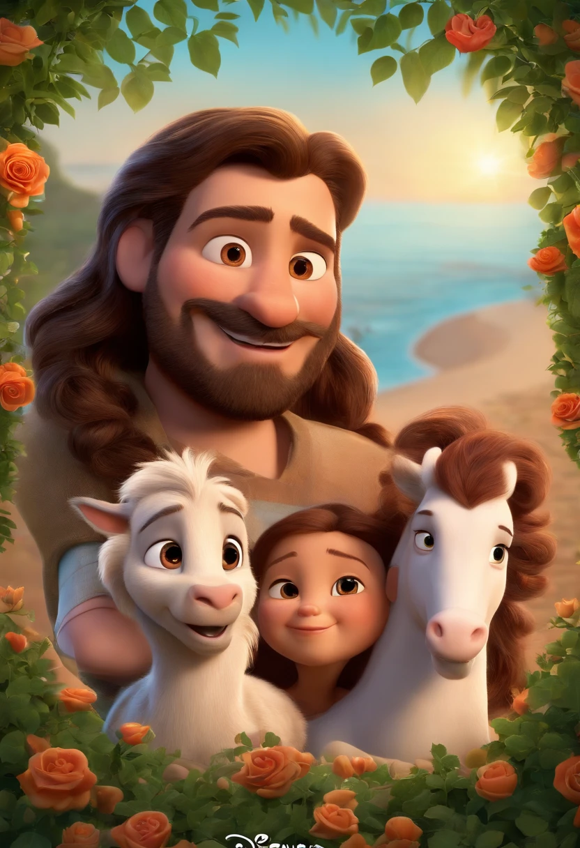 a Disney Pixar movie poster showing a white-skinned family. The father is the tallest, Tem barba curta, loiro, cabelos curtos e espinhosos. The mother has brown eyes and hair, shoulder-length and is slightly overweight. A menina tem 4 anos e cabelos castanhos, roupa rosa e rabos de cavalo. The background is a beach garden. 3D-rendering