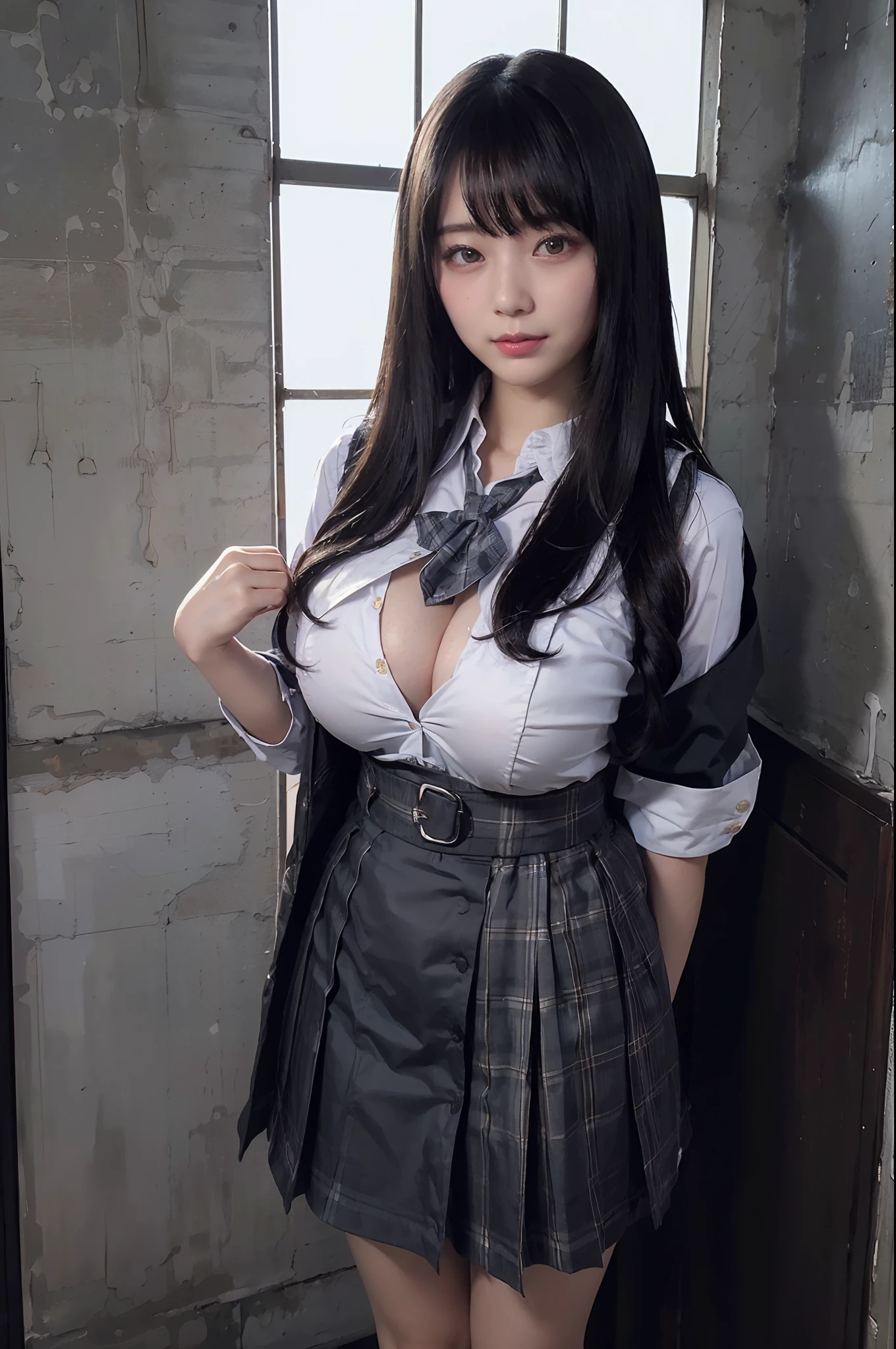NSFW、(A hyper-realistic)、(illustratio)、(hight resolution)、(8K)、(ighly detailed)、(Best Illustration)、(beautifully detailed eyes)、(top-quality)、(ultra-detailliert)、(?masutepiece)、(wall-paper）、（A detailed face）、独奏、1 girl in、looking at viewert、fine detailed、A detailed face、in the darkness nigth、deep-shadows、lowkey、pureerosfaceace_v1、A smile、long、Black shawl straight hair、46-point diagonal bangs,　（silk dresses、long  skirt）(off shoulders）Gentle scenery、、Stand against the wall、(Schoolgirl Uniform)、((Colossal tits))、((A sexy))、((Plaid uniform))、((hi-school girl))