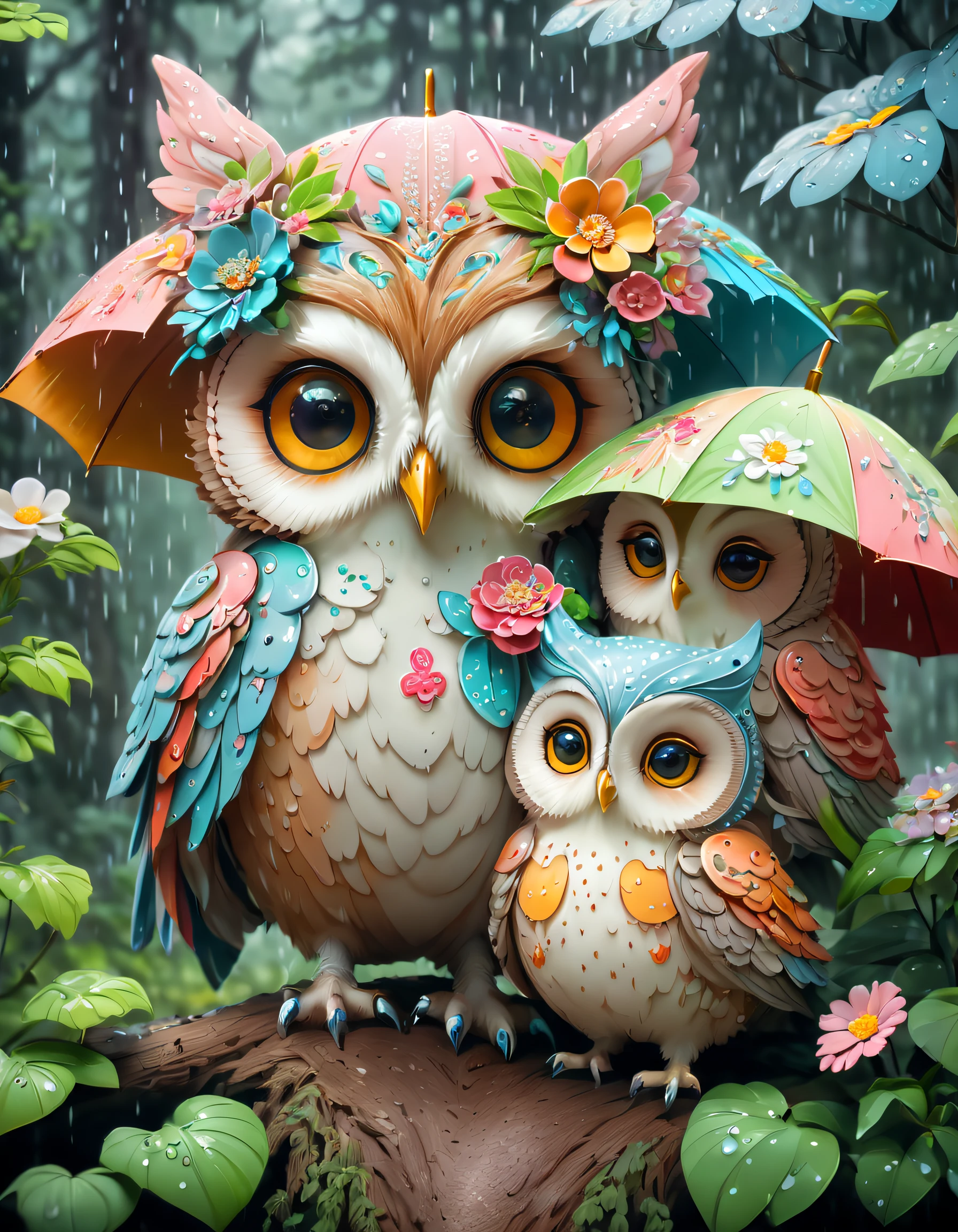(Colorful owl mom and 2 little babies painted with flowers),(There is only a large umbrella),(Mother owl holding a large umbrella:1.37),Mom's caring expression,The baby's coquettish expression
background:(A forest where it is raining heavily:1.3), (A forest where it is raining heavily:1.3),(A forest where it is raining heavily:1.3),Cute detailed digital art, lovely digital painting, adorable digital art, Beeple and Jeremiah Ketner, cute owl, cute detailed artwork,cute 3 d render, digital painting highly detailed, cute colorful adorable, highly detailed digital artwork, highly detailed and colored, digital art highly detailed, cute artwork