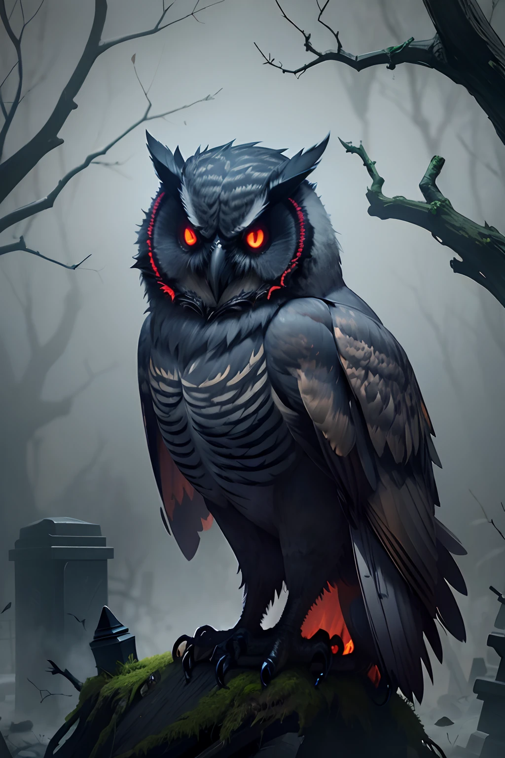 On an eerie night，A demonic owl。Its feathers are as black as ink，His eyes flashed with an evil red light。enviroment，The leaves wilt，Dead branches pierce the sky。Abandoned tombstones are covered with spreading moss，The ground was covered with a thick layer of dust。This terrible owl seems to bring an ominous aura，It makes people feel a chill。