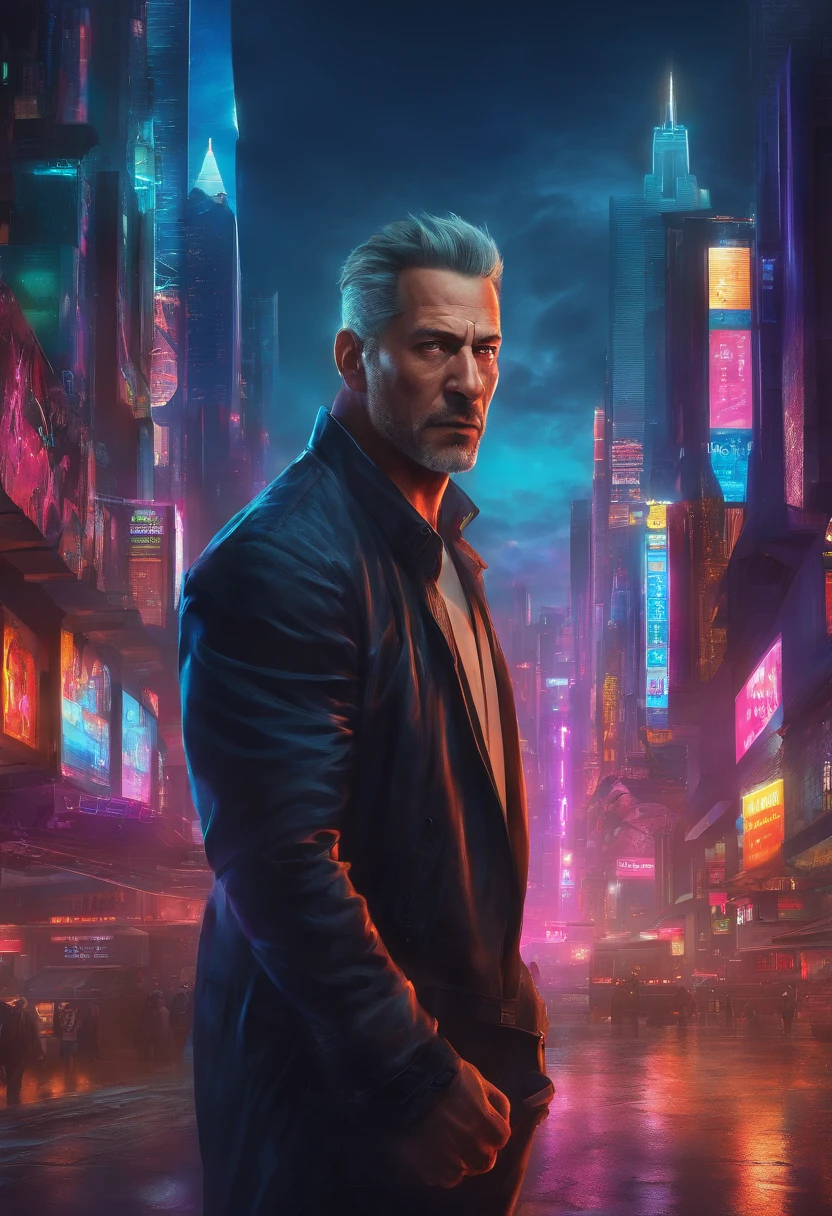 Generate a realistic portrait of a middle-aged man with a commanding presence, his face slightly annoying yet exuding confidence. He should be facing forward, with a furrowed brow and a knowing, wry smile that suggests experience and a no-nonsense attitude. His eyes, intense and focused, should hold the viewer’s gaze, portraying a man whose persuasive power comes from a life of practicality and resilience. His features are sharp, his jaw set in determination, and his overall expression is one that conveys a persuasive authority without being overly aggressive
