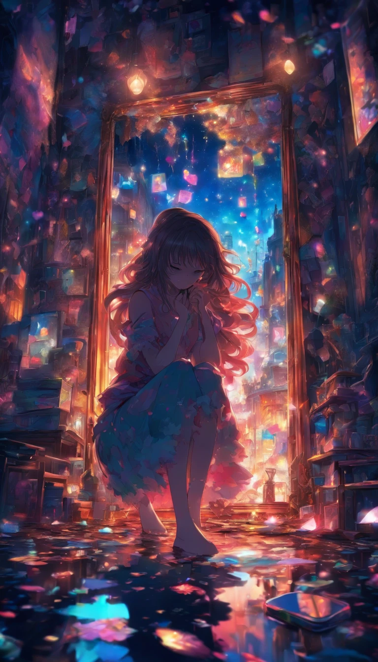 in the dark.Looking down and not seeing her face. A woman in a broken mirror. The room is a mess. A cell phone and a hand mirror are on the floor. Fantastic. High quality in every detail. Big people.