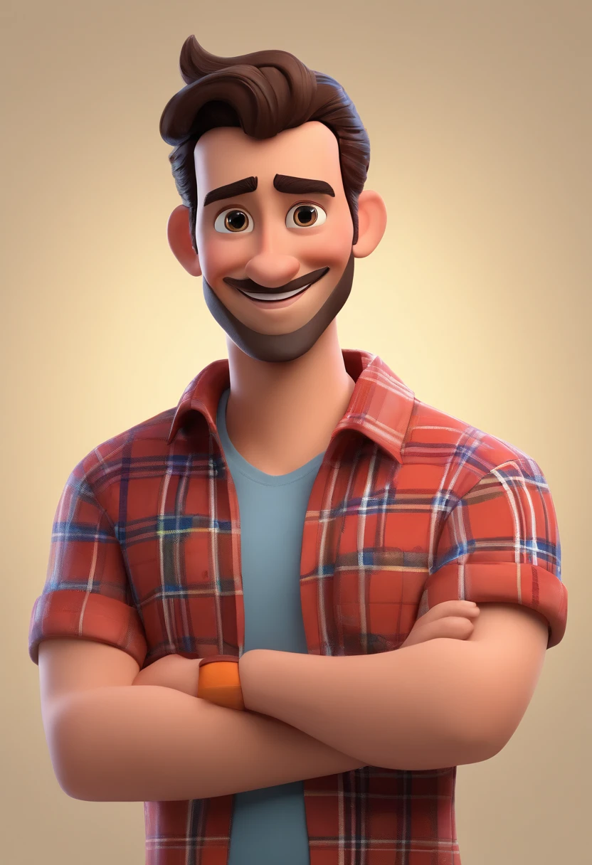 Adult man smiling with crossed arms wearing plaid shirt Disney Pixar movie style