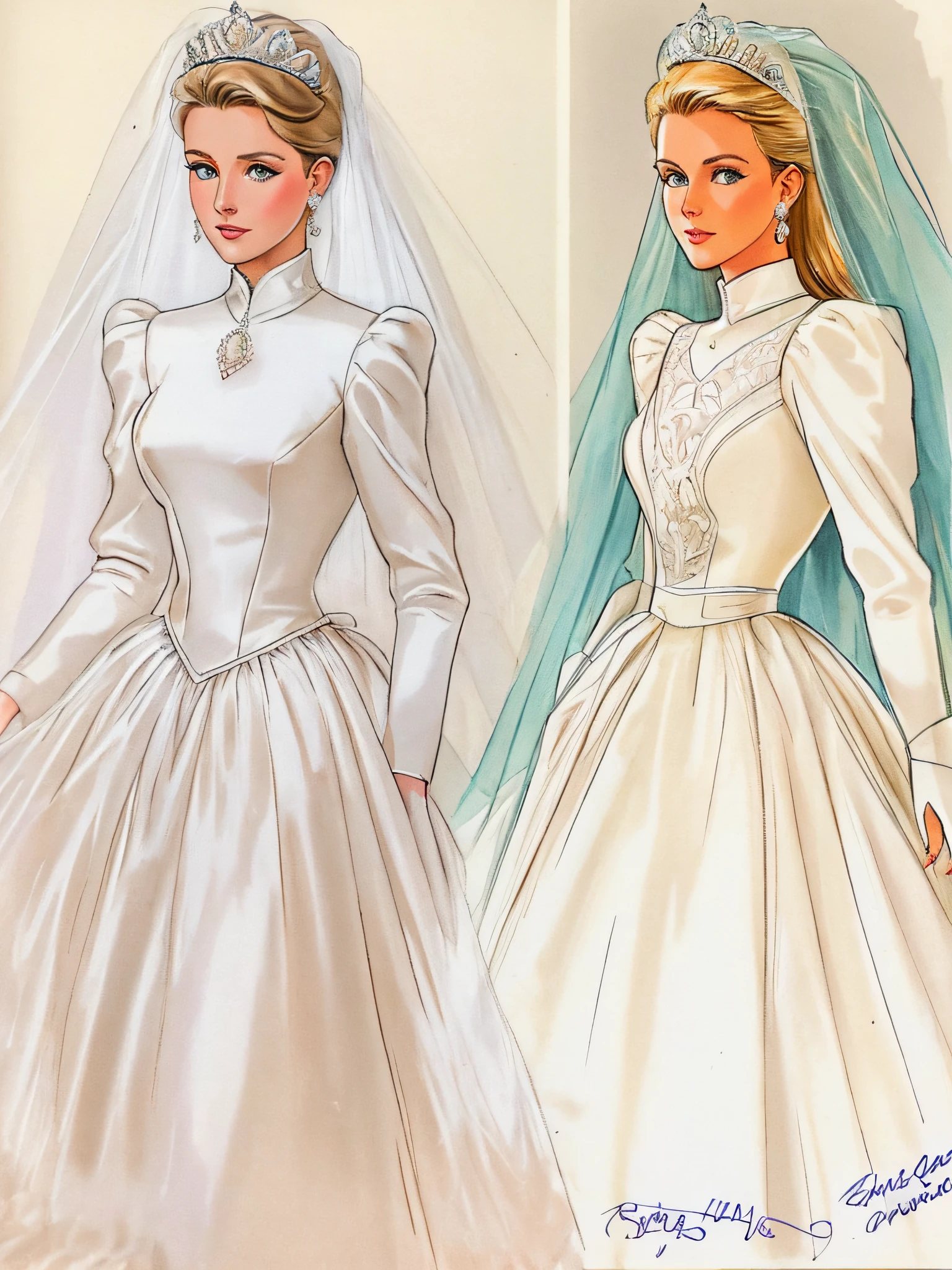1980s style, Design sketch, Princess Grace's royal wedding dress updated for the late 1980's with a Cinderella aesthetic, influenced by Princess Diana's and Sarah Ferguson's wedding dresses
