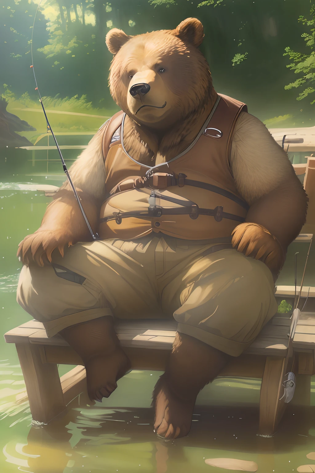 真实感, Painting by Jean-Baptiste Monge depicting a large brown bear, Goes to Revbalka, He carries a fishing rod in his paws, paws Dressed in fishing boots, carries a bag of fishing tackle, On a summer day to the river , jean - baptiste monge, anthropomorphic --ar 2:3 --testp -optimistic;