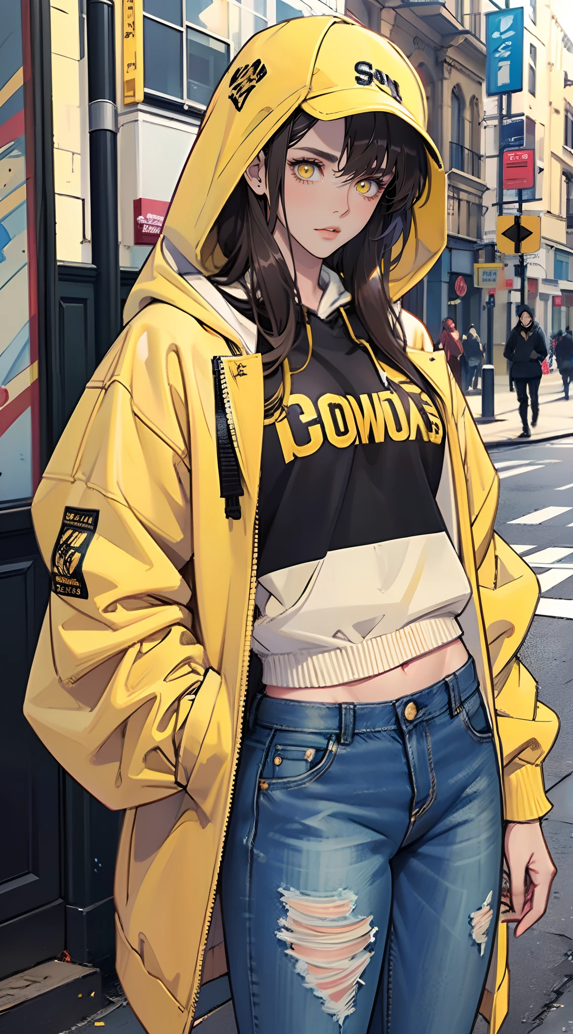 Beautiful woman , very long hair , dark brown hair , gold eyes , lean body , yellow under hair,  expressive  eyes, petite figure, age 26,


 Wearing a hoodie , blue jeans , plain background, streetwear, street fashion ,

(masterpiece, best quality )detailed, 1Character ,  pastel washed out colors , cell shade , soft, muted shades ,gentle colors ,
