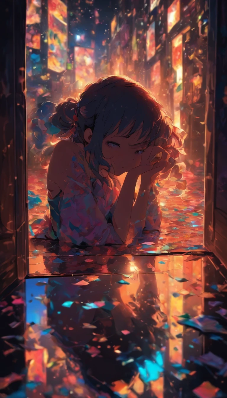in the dark.Looking down and not seeing her face. A woman in a broken mirror. The room is a mess. A cell phone and a hand mirror are on the floor. Fantastic. High quality in every detail. Big people.