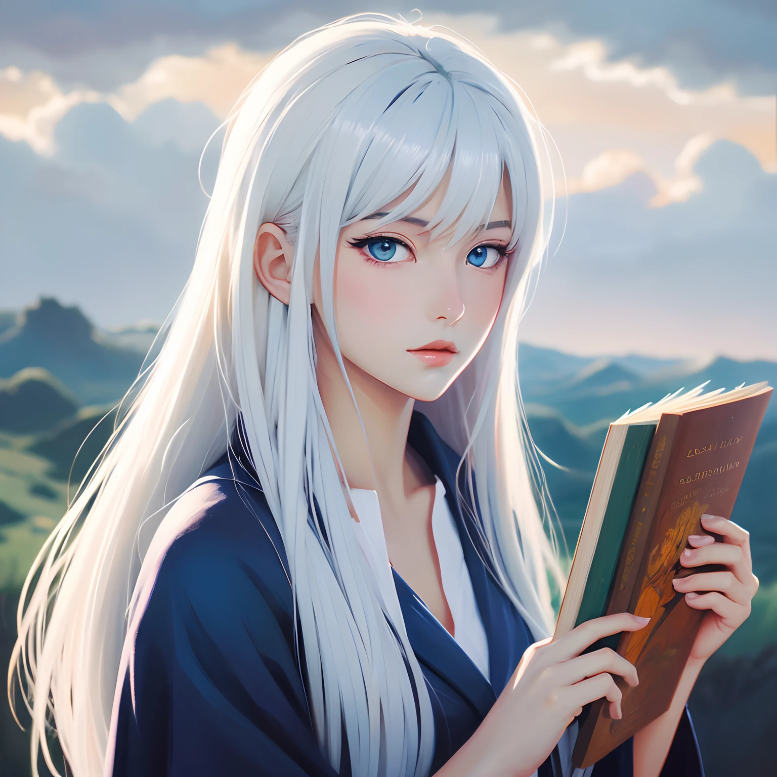 Angel woman with white hair is holding a bookanime girl young 80s style long hair close-up painting iconic anime painting 20s cloudy background blue eyes