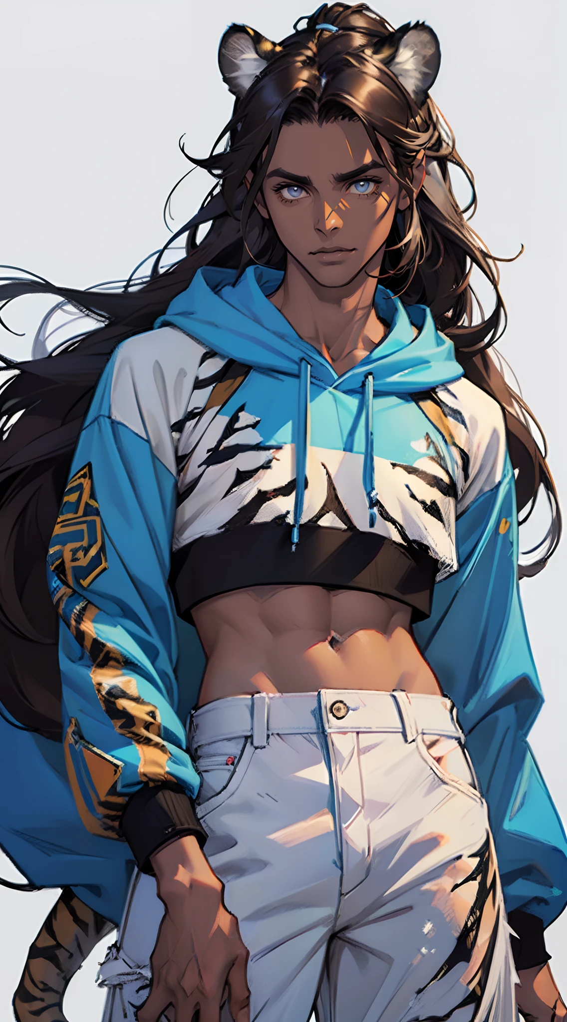 ((Beautiful man:1)) , ((Dark skin:1.5)) , ((long hair)) , ((brown hair)) , ((male:1.4)) , full lips , light silver eyes , voluminous hair,((has tiger ears:1.3)), ((Skinny build)) ,effeminate , ((has a center part in hair:1)), full long eyelashes,((straight hair:1.3)) , ((crop top:1.2)), hair in a ponytail, Bishounen, possess delicate and androgynous features, age 33,


 Wearing a hoodie , blue jeans , plain background, streetwear, street fashion ,

(masterpiece, best quality )detailed, 1Character ,  pastel washed out colors , cell shade , soft, muted shades ,gentle colors ,
